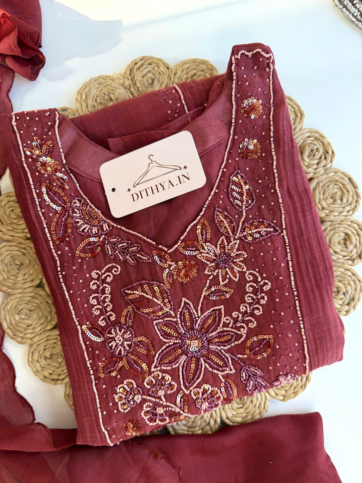 K507 - Mul chanderi handwork Aline Kurti with pants and dupatta
