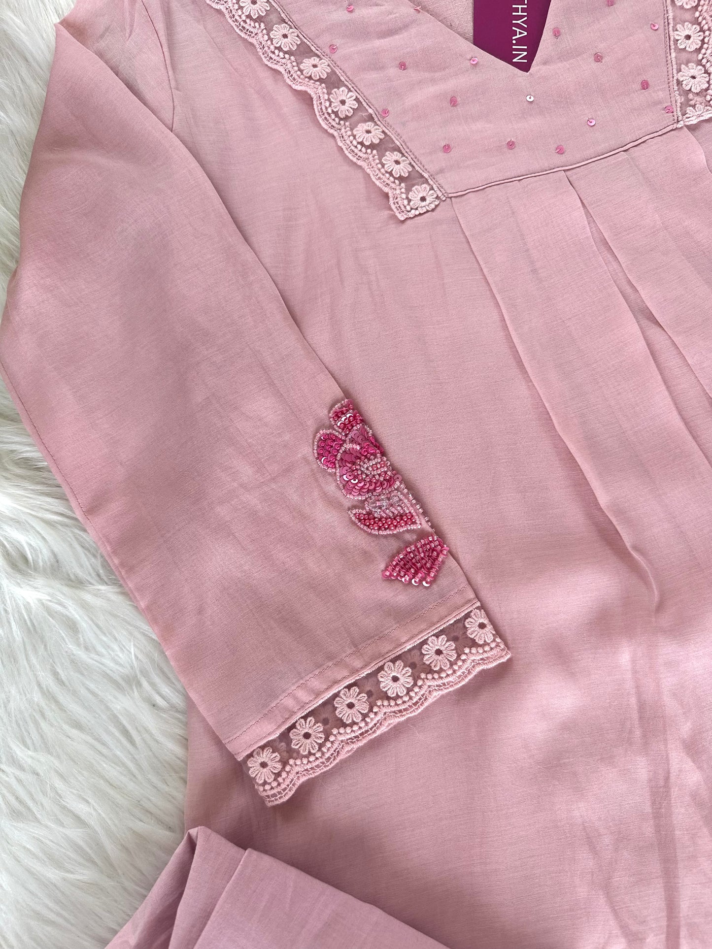 K065 - Mul Chanderi handwork Aline Kurti with pants and dupatta in 3 colours