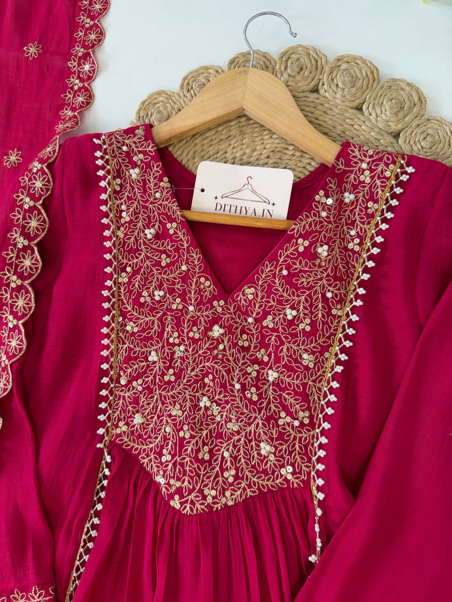K535 - Mul chanderi handwork Aline Kurti with pants and dupatta