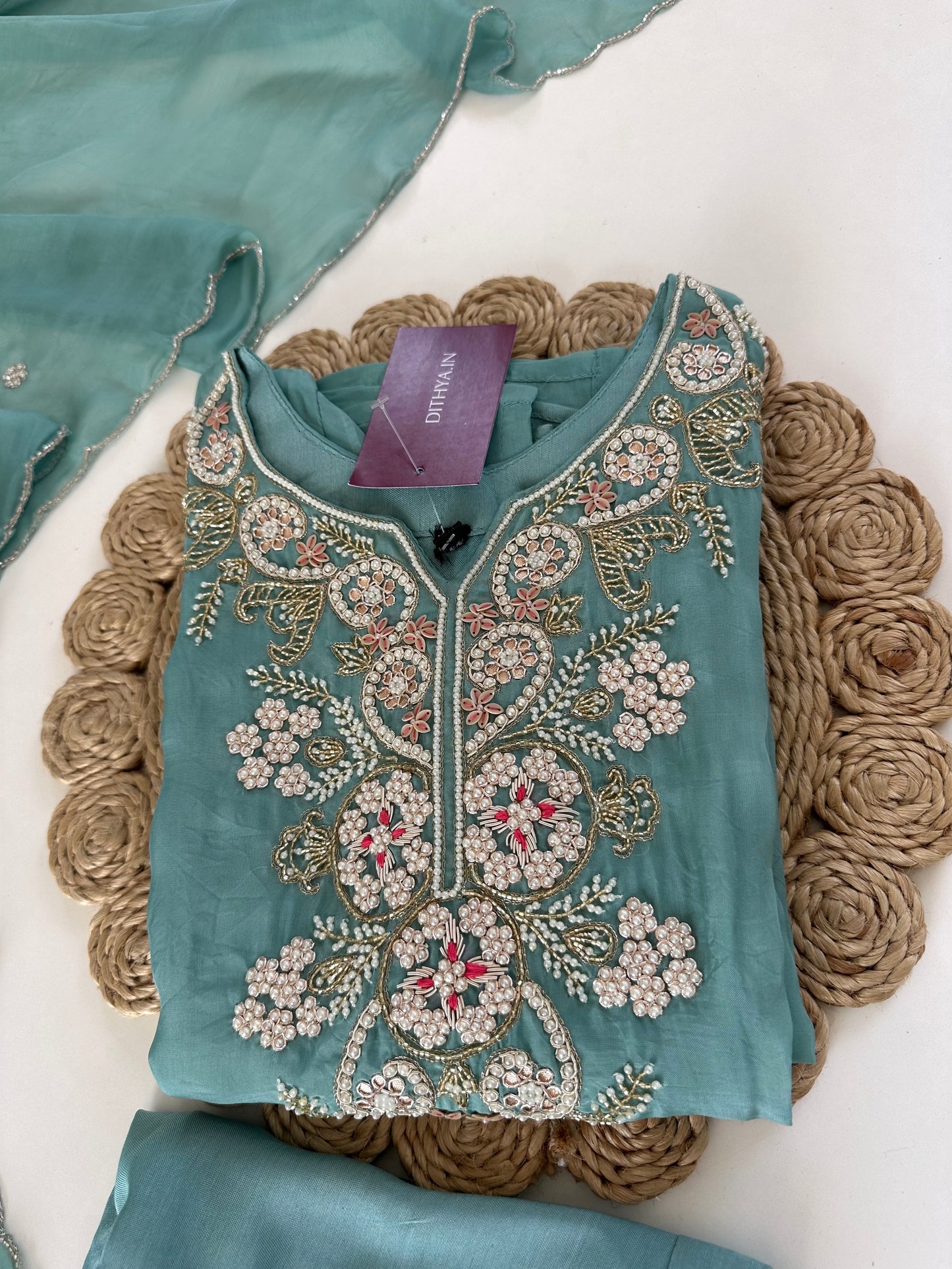 K137 - Viscose organza Handwork straight kurti with pants and dupatta.