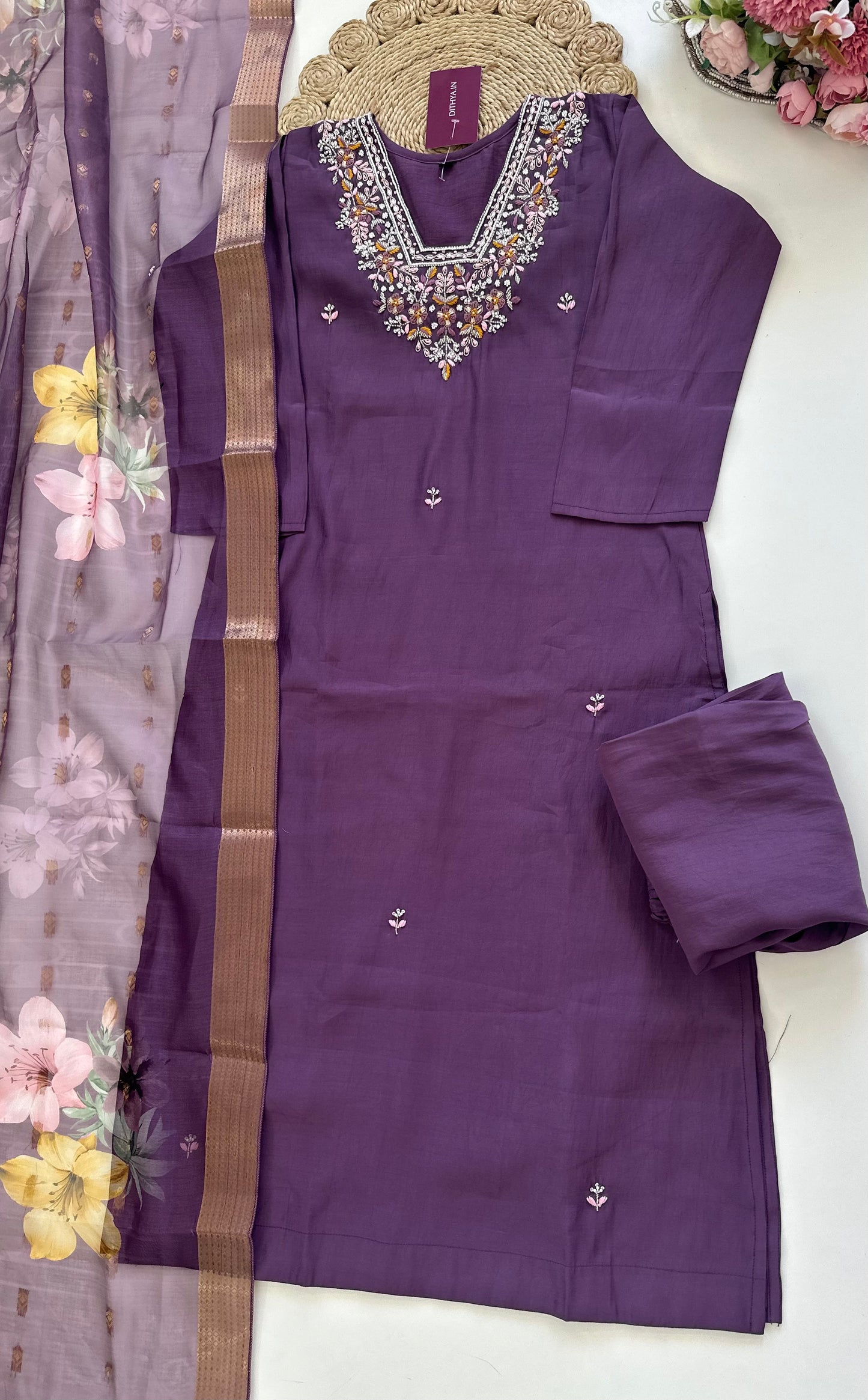 K217 - Modal silk Handwork straight kurti with pants and dupatta in 2 colours .