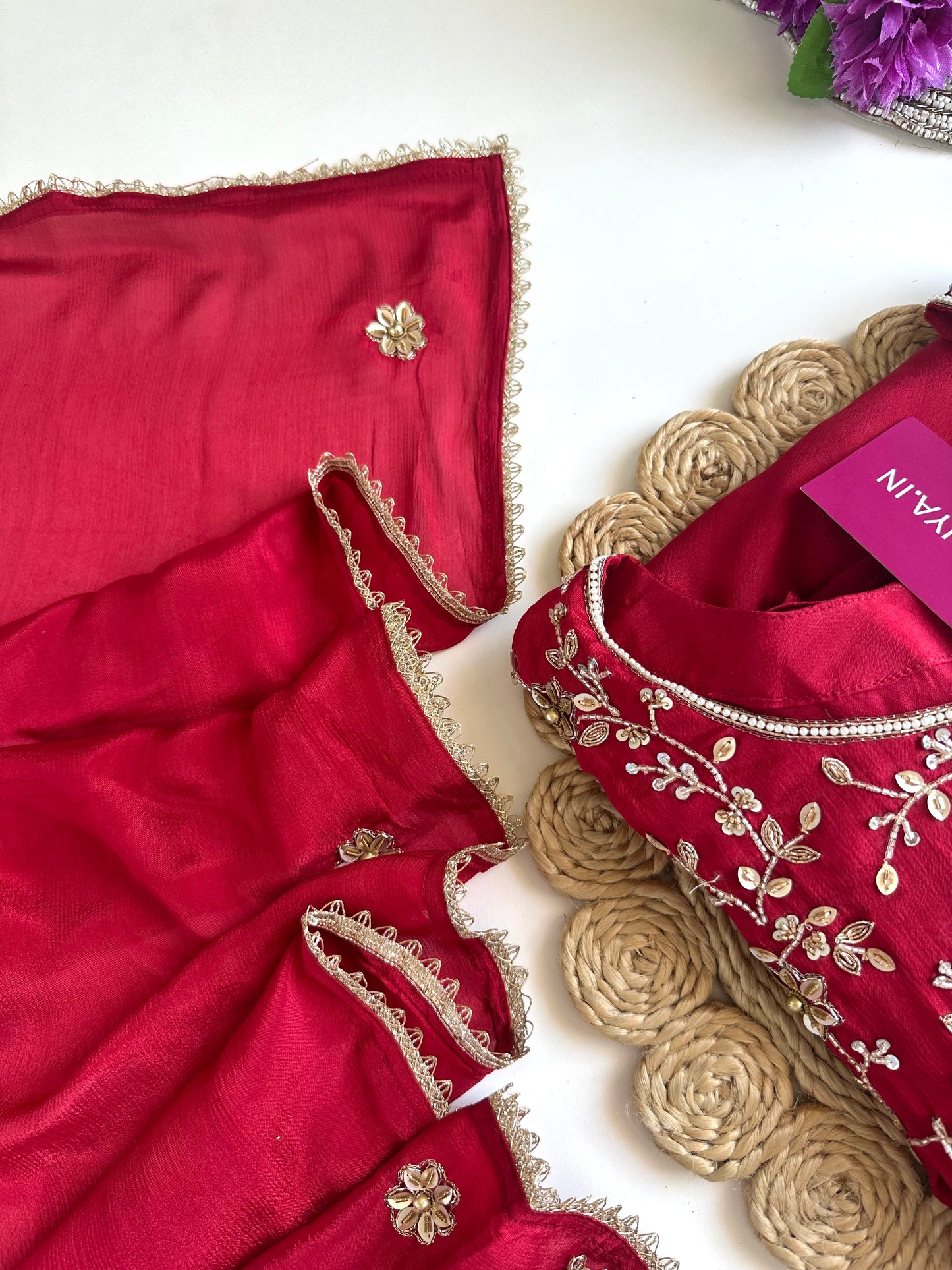 K158 - Pure Chinnon heavy handwork Anarkali with pants and dupatta