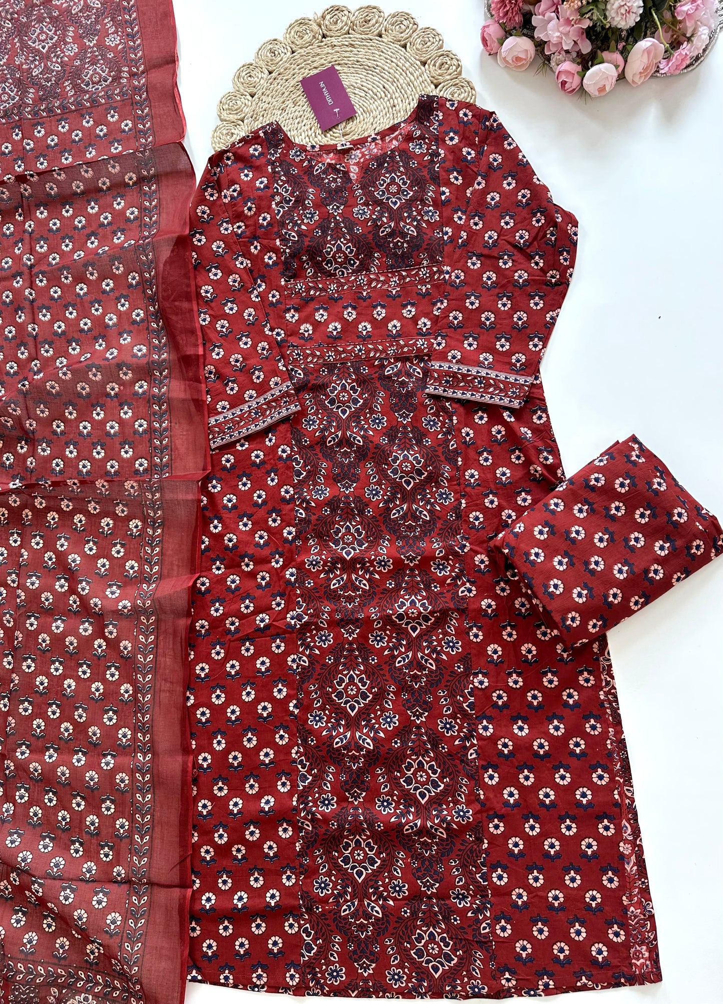 K201 - Cotton printed Straight Kurti with pants and dupatta in 2 colours