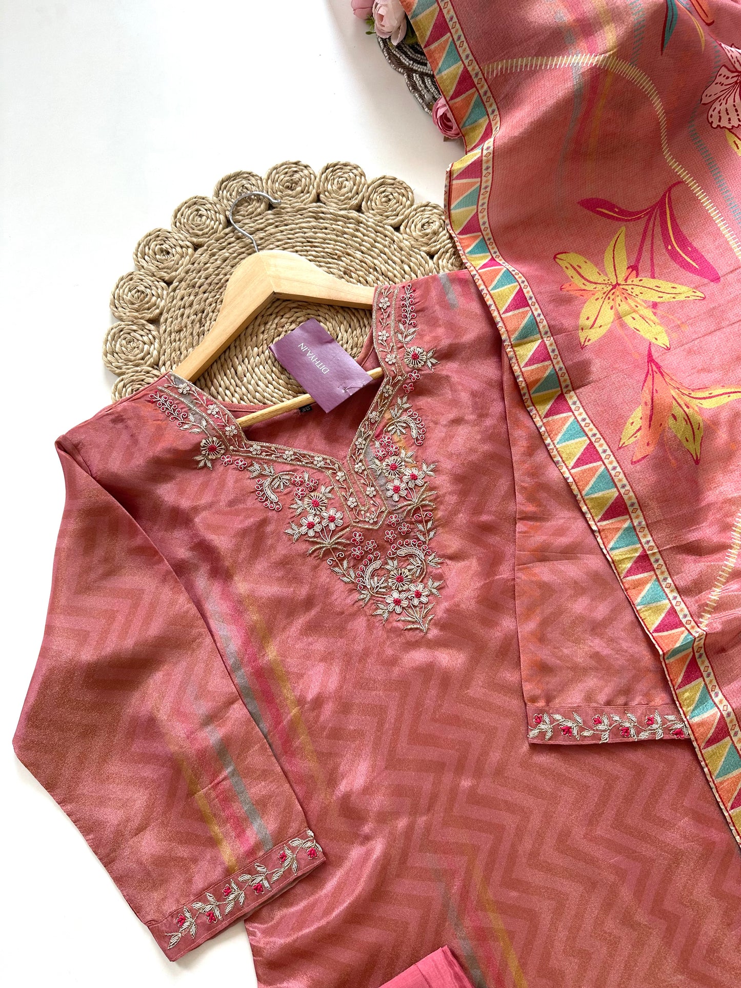 K125 - Handwork Tissue silk printed straight Kurti with pants and dupatta