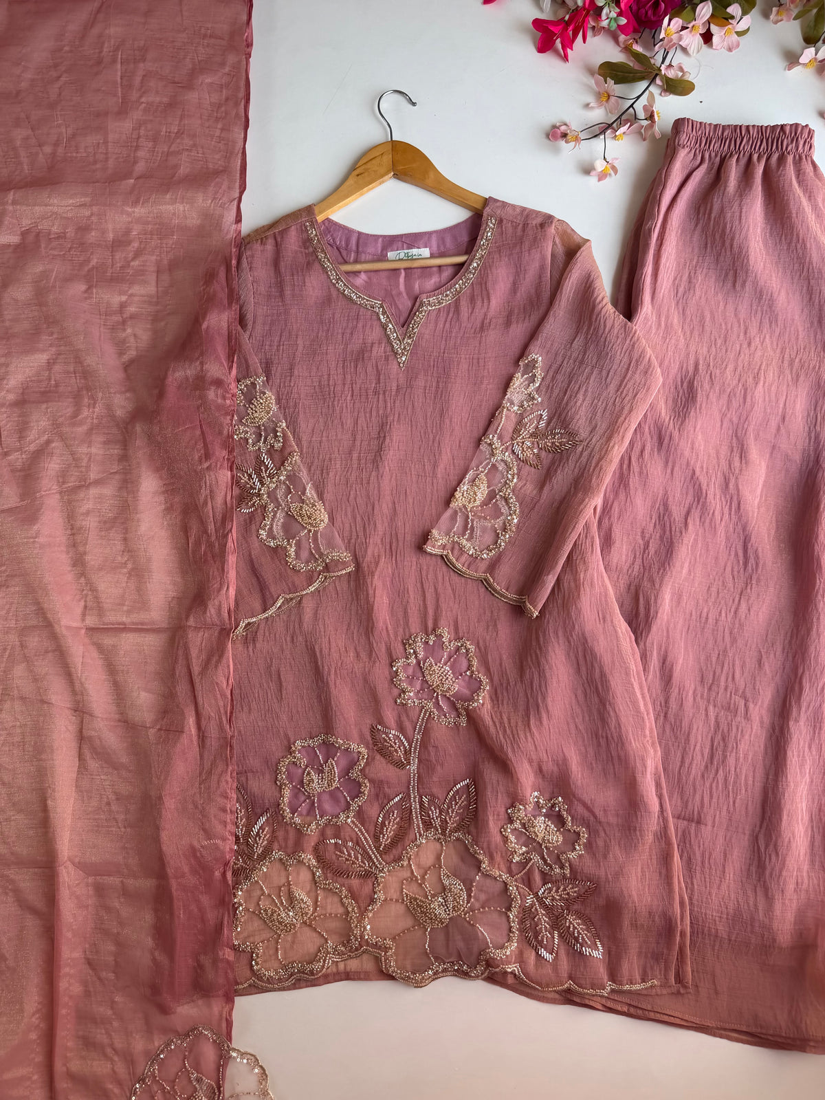 K065 - Crush Tissue silk handwork short Kurti with divider pants and dupatta