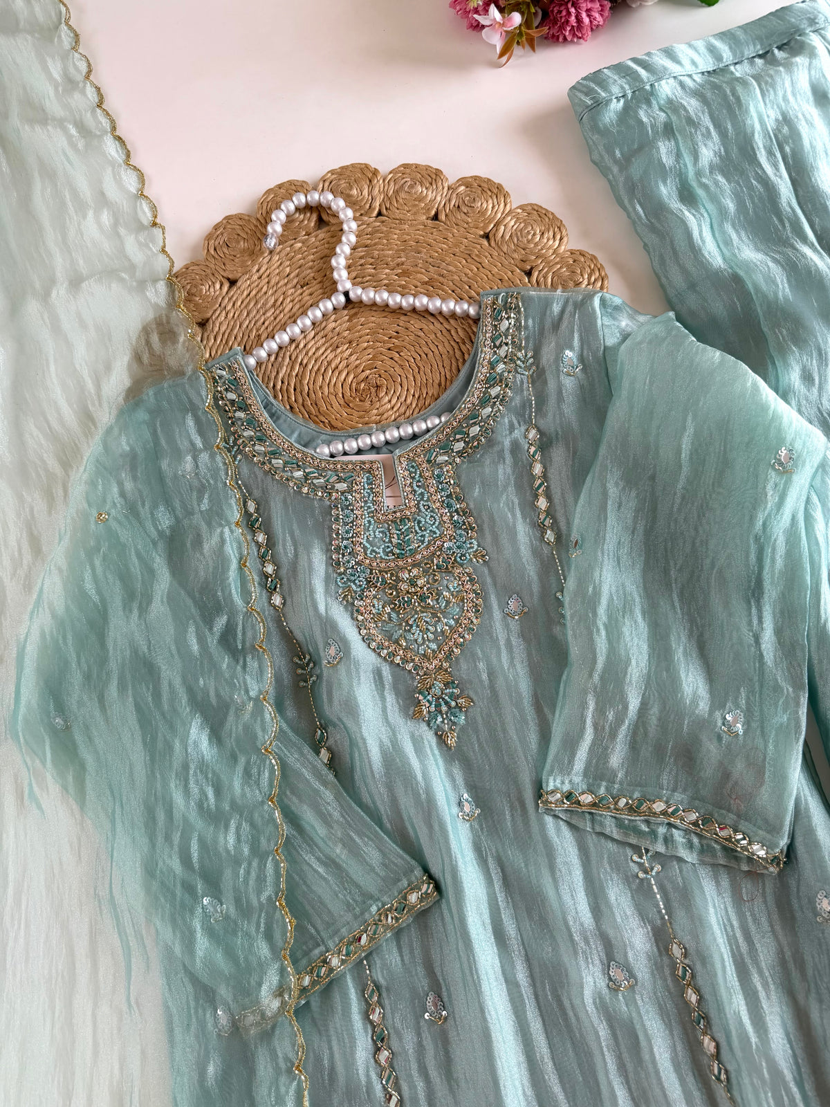 K332 - Glass tissue silk handwork short Kurti with pants and dupatta
