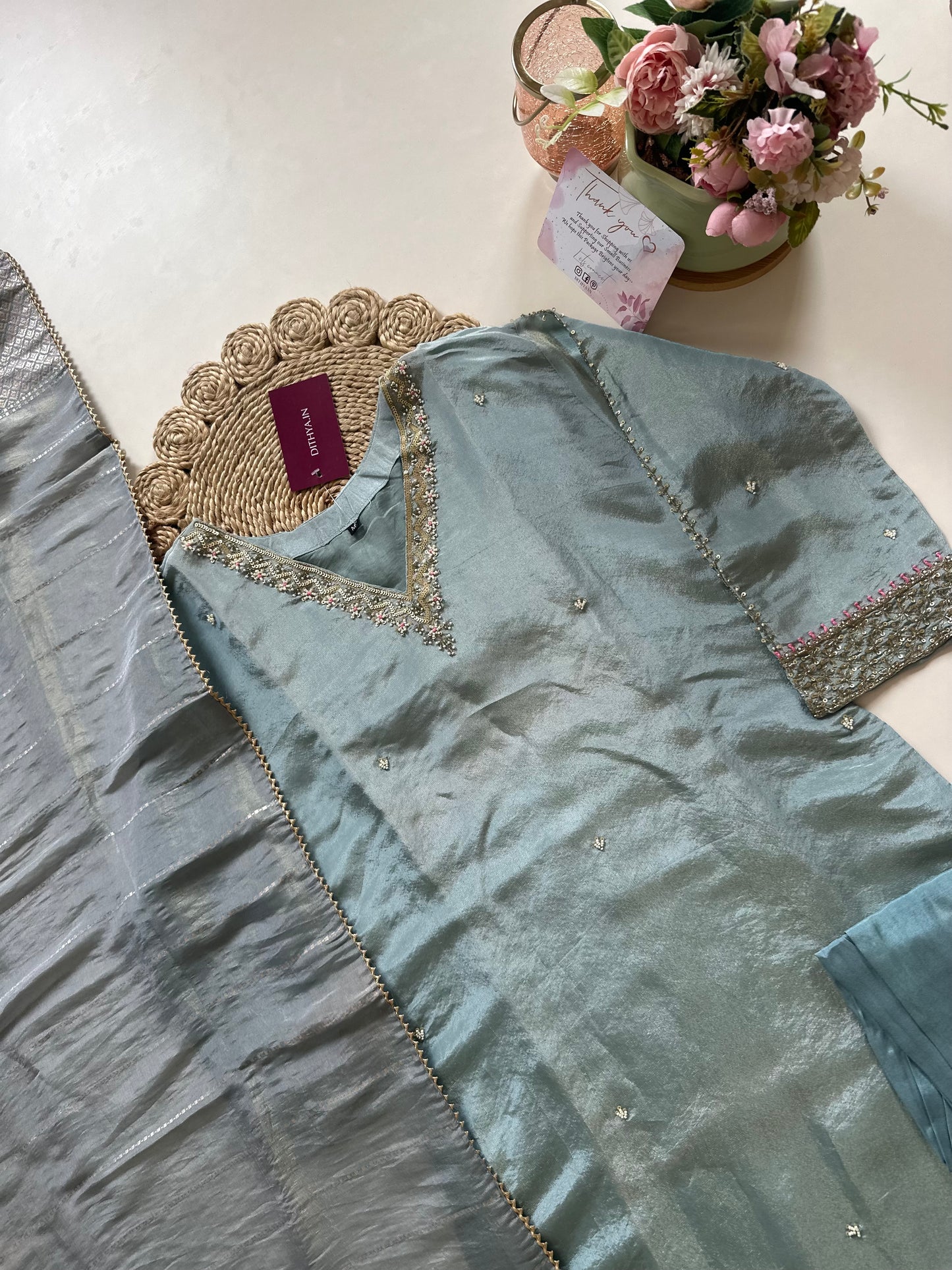 K203 - Tissue silk handwork straight kurti with pants and dupatta .