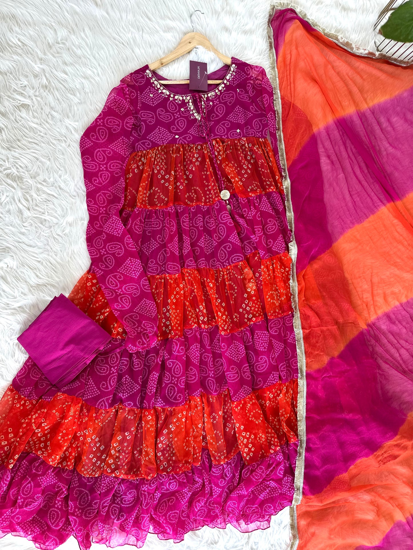 K434 - Chinnon Leheriya Anarkali with pants and dupatta