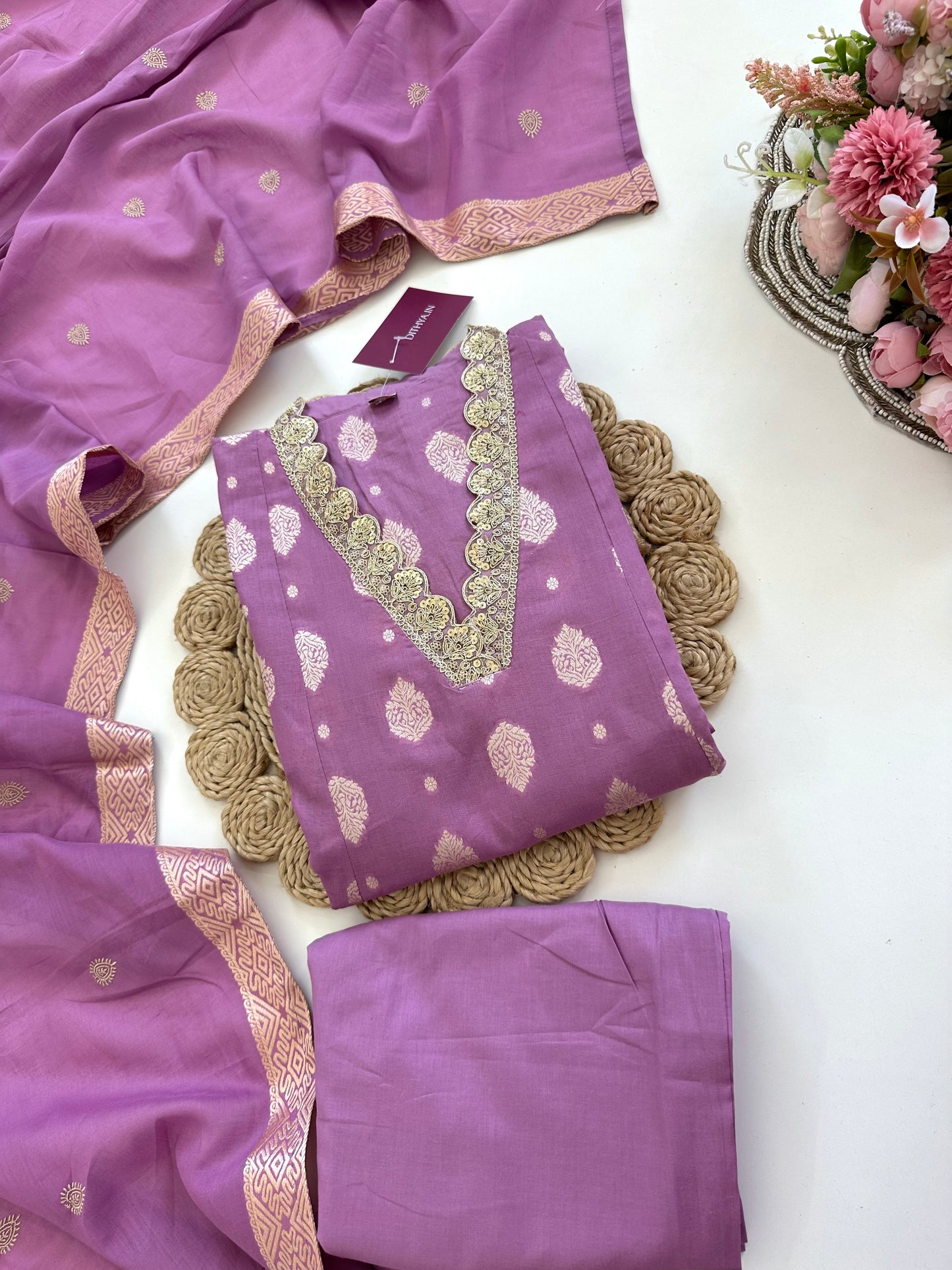K094 - Cotton Jacquard Aline Kurti with pants and dupatta in 3 colours.