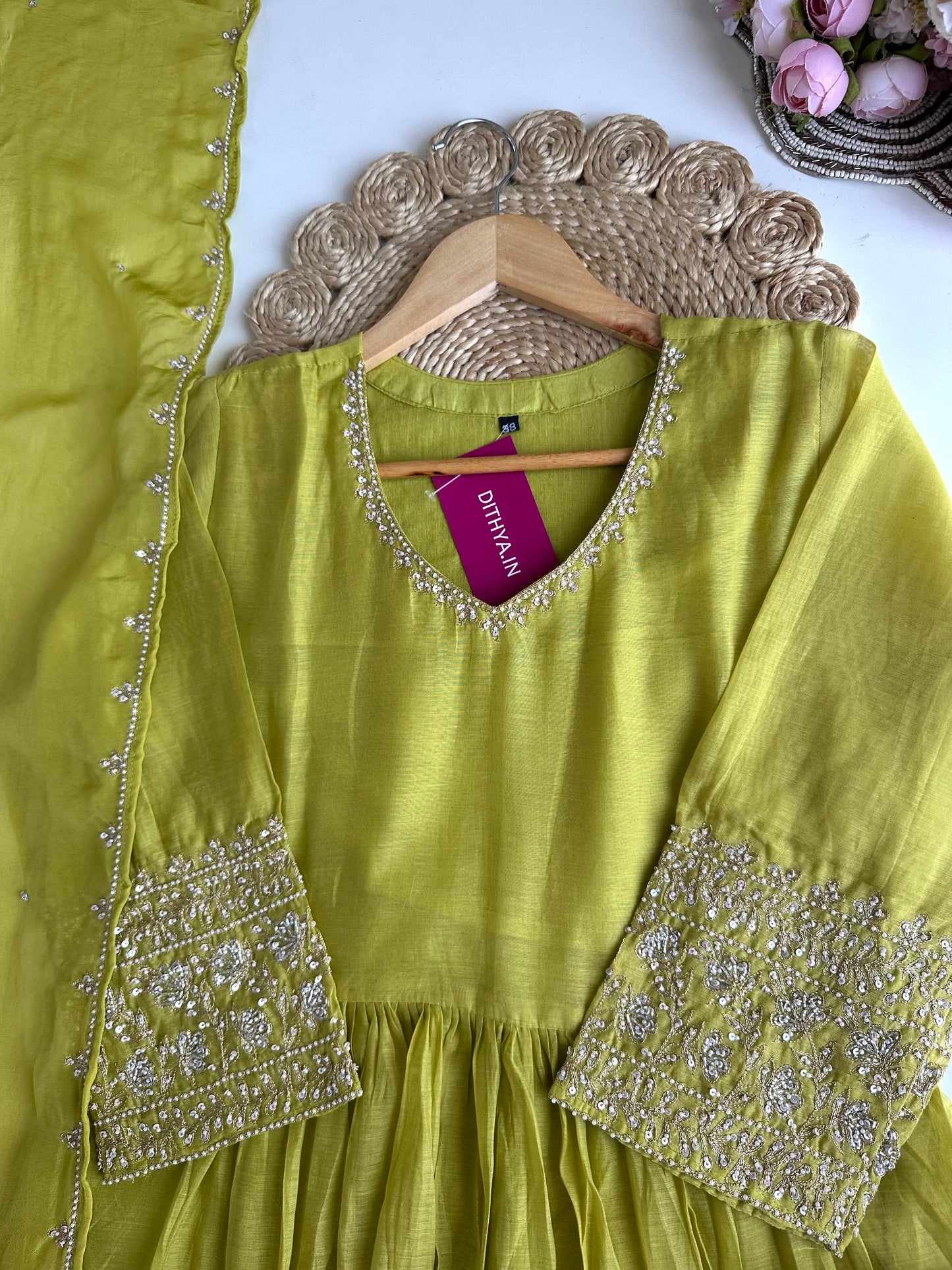 K358 - Mul Chanderi handwork Anarkali with pants and dupatta