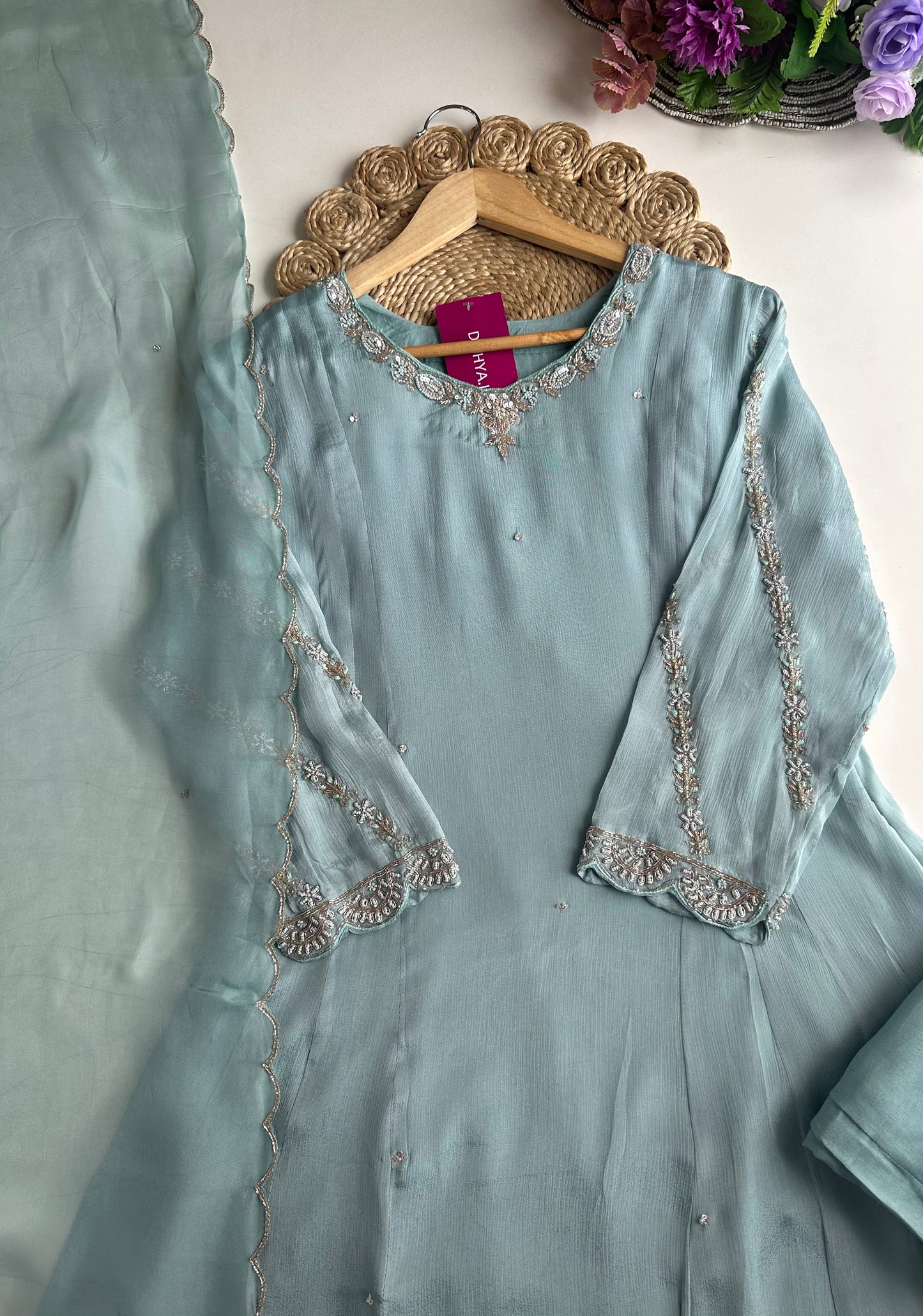 K019 - Chinnon heavy handwork Anarkali with pants and dupatta