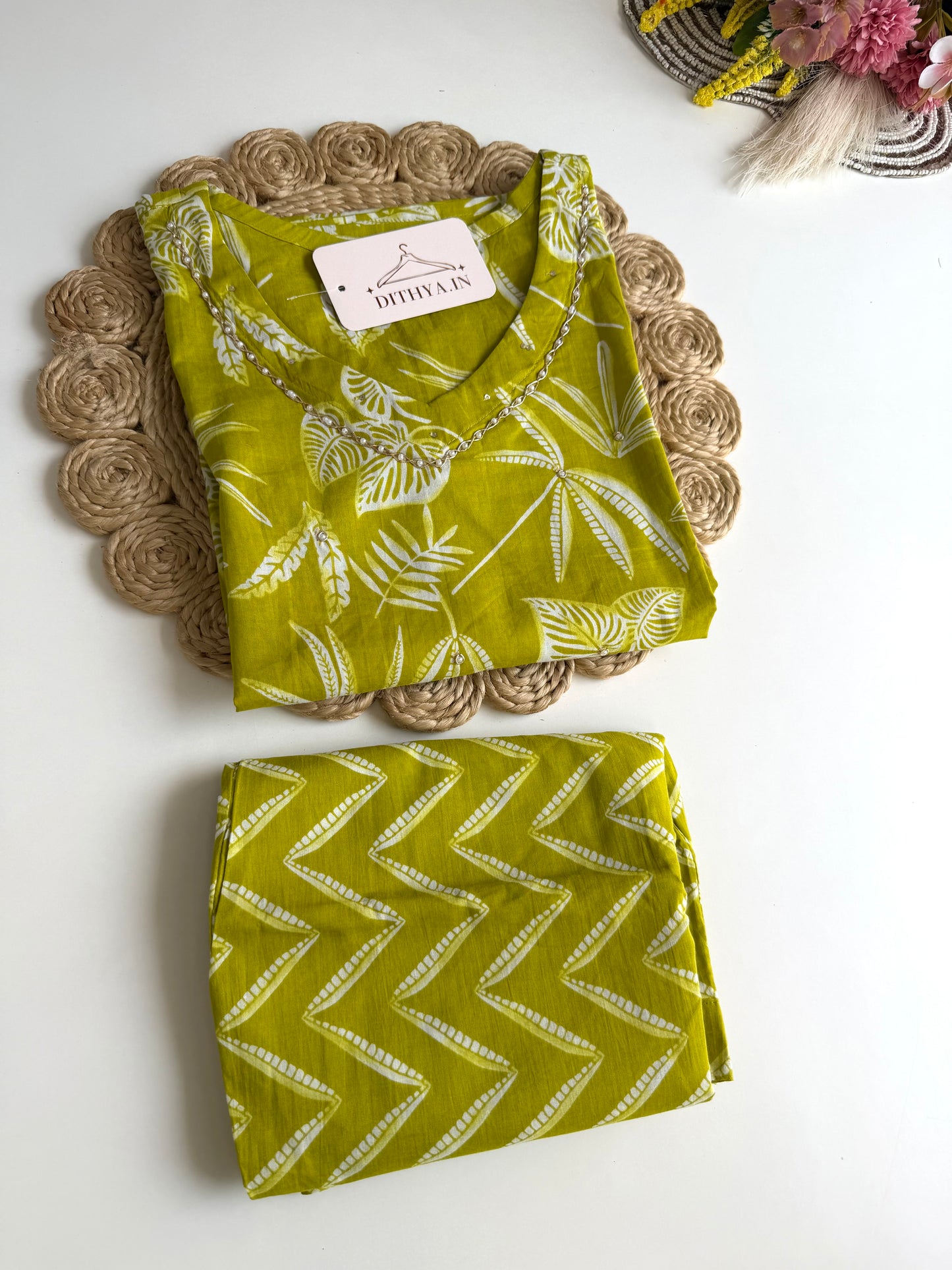 K375 - Floral cotton straight Kurti with pants in 2 colours