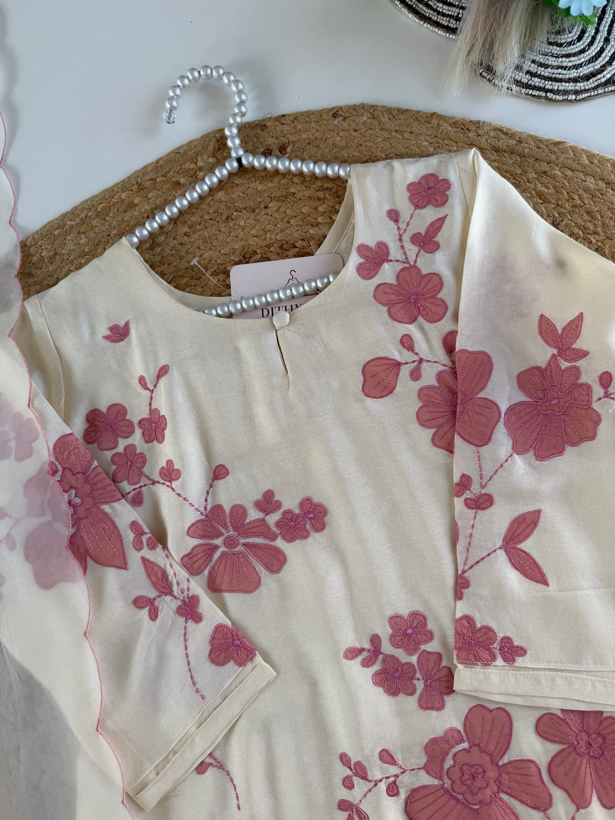 K603 - Russian silk appliqué work straight Kurti with pants and dupatta