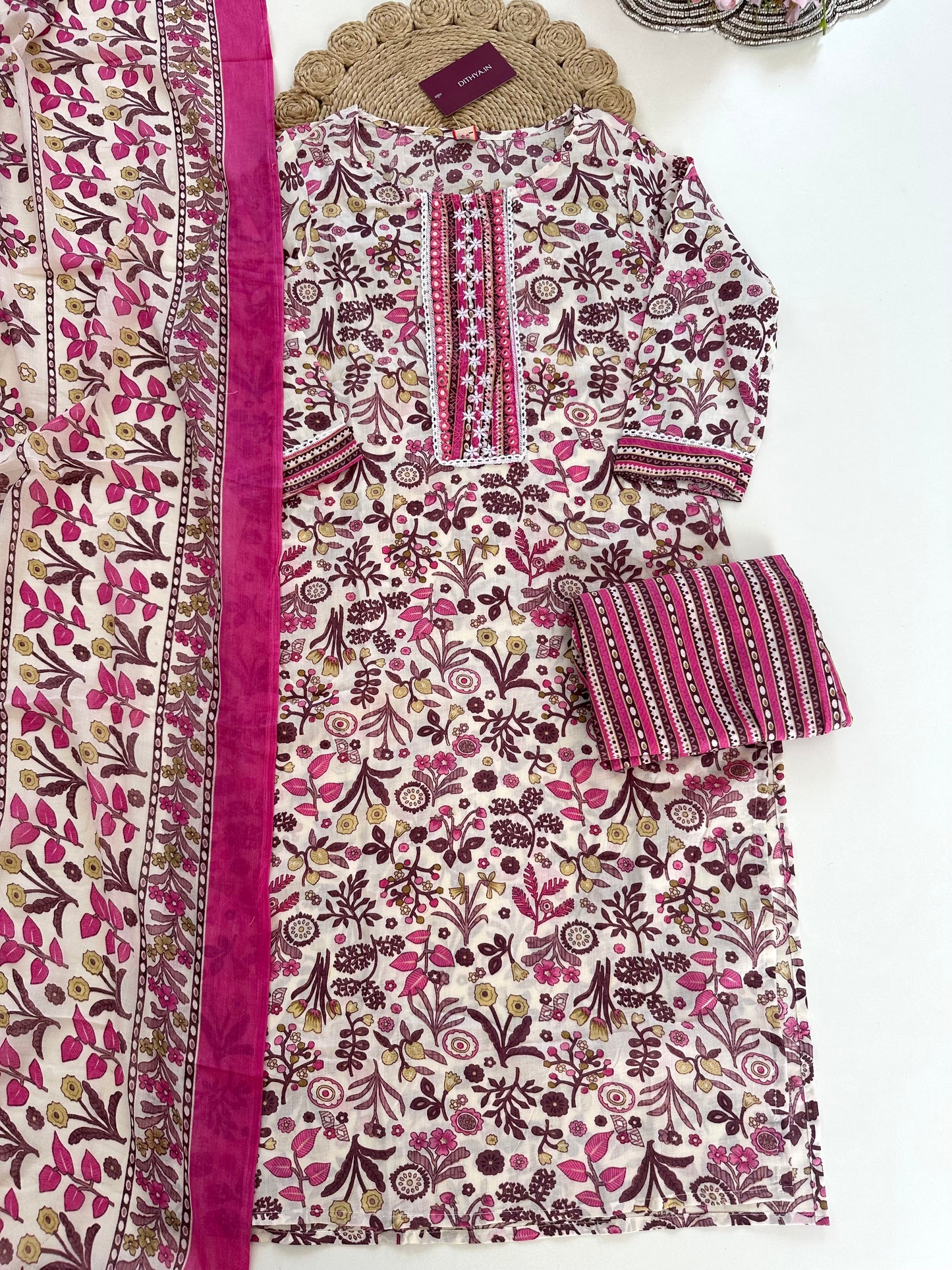 K164 - Cotton printed straight Kurti with pants and dupatta in 3 colours