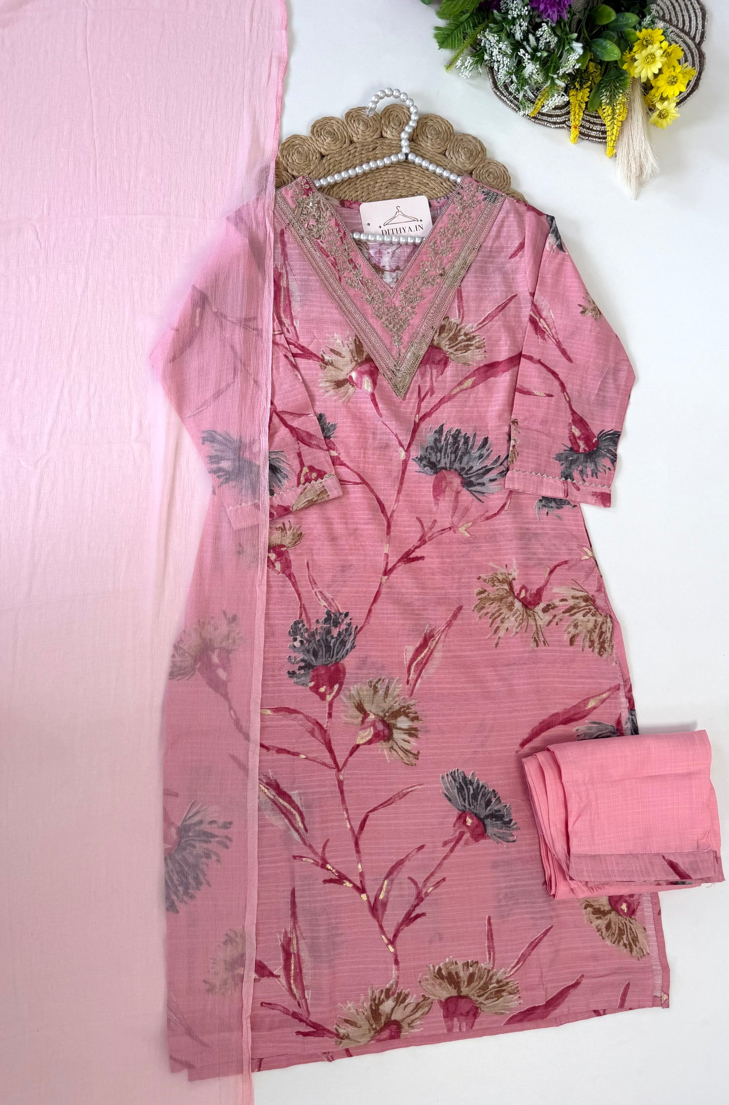 K543 - Roman silk embroidered straight Kurti with pants and dupatta