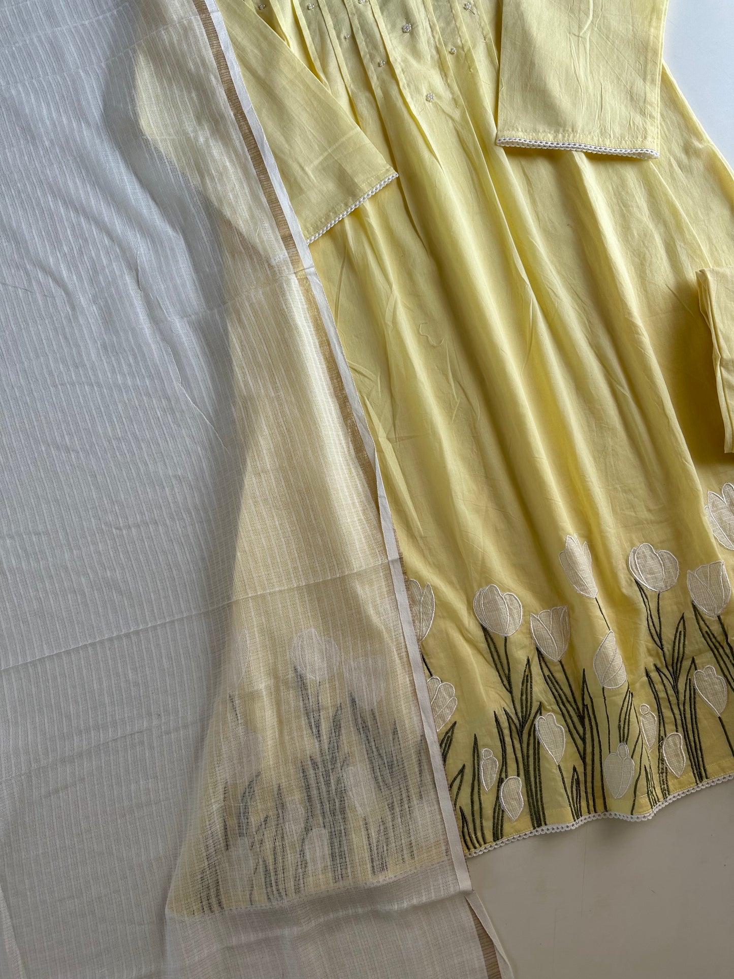 K382 - Mul cotton embroidered Aline Kurti with pants and dupatta