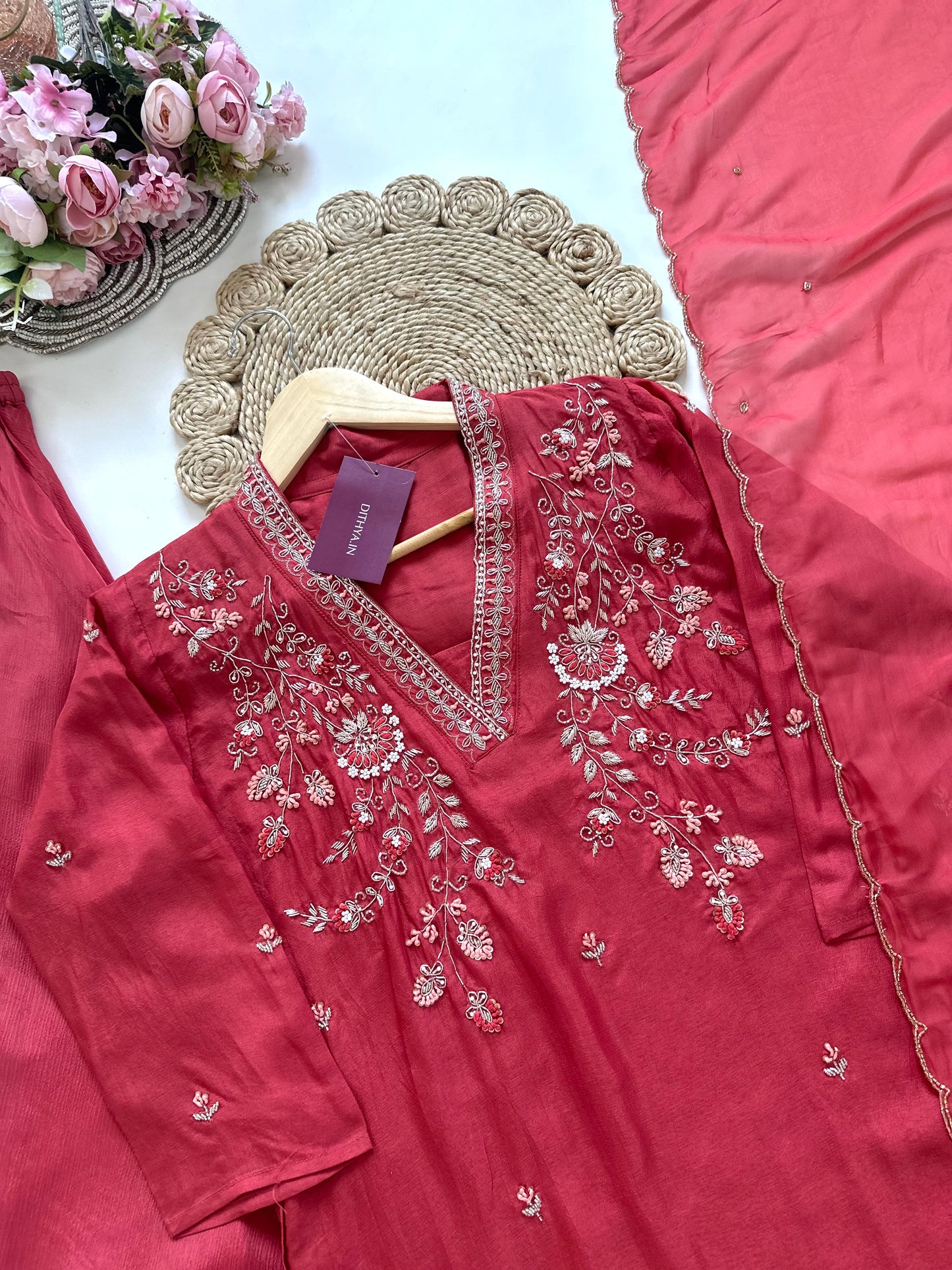 K242 - Handwork Russian silk short kurti with palazzo and dupatta.
