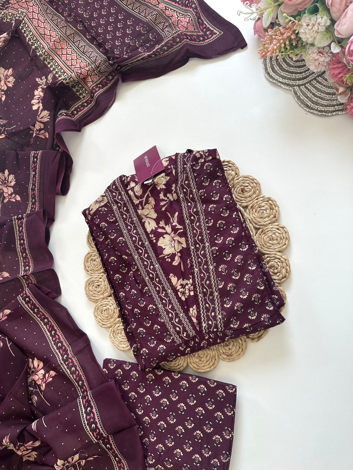 K371 - Cotton Aline floral kurti with pants and dupatta .