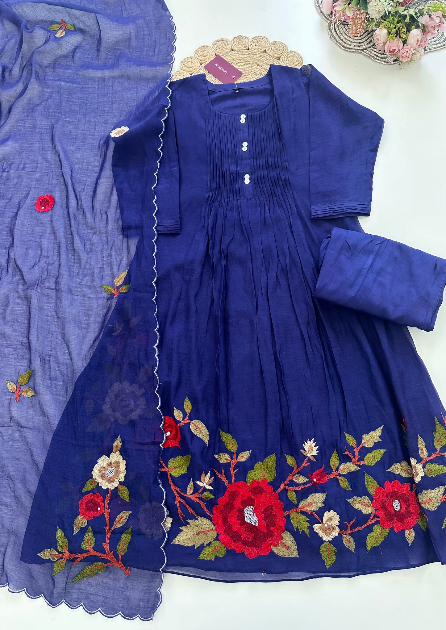 K308 - Mul Chanderi hand embroidered Aline Kurti with pants and dupatta in 2 colours .