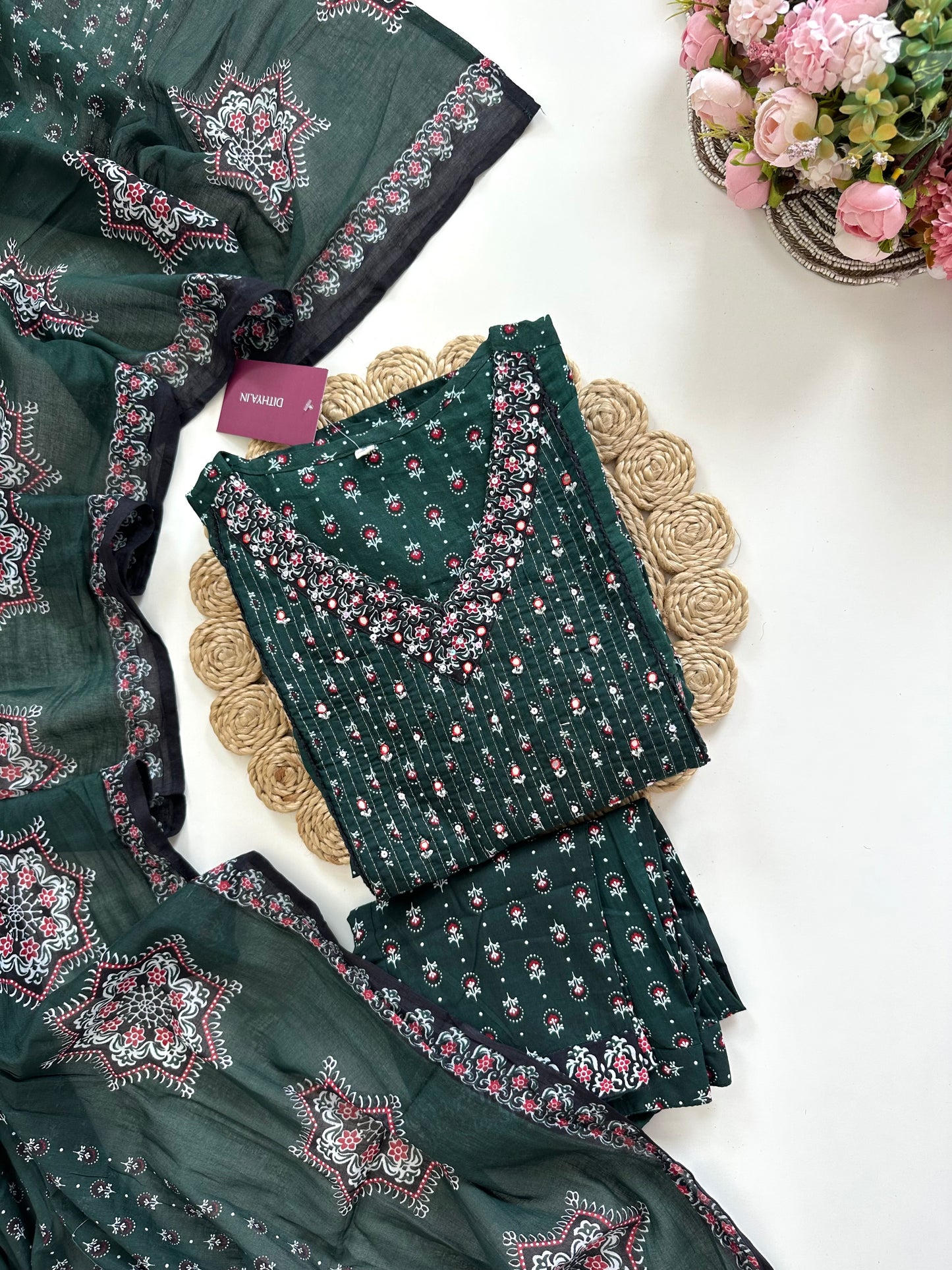 K020 - Mul cotton floral Aline Kurti with pants and dupatta