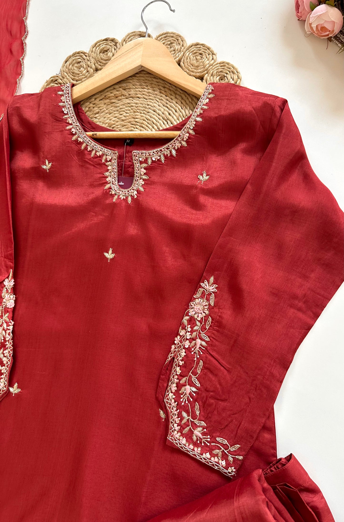 K324 - Russian silk handwork straight Kurti with pants and dupatta