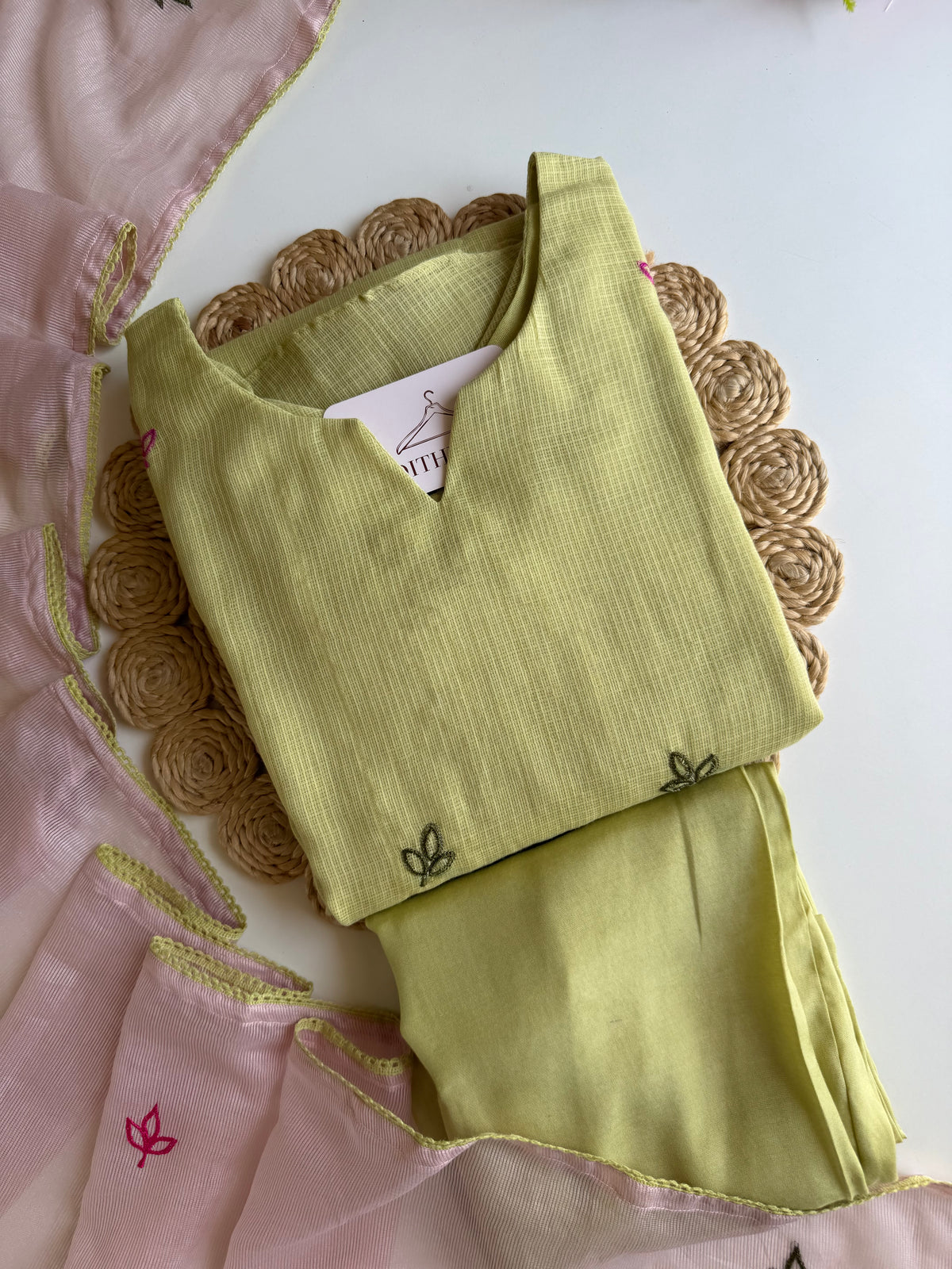 K077 - Kota doriya embroidered Aline Kurti with pants and dupatta