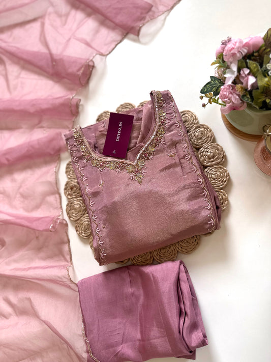 K280 - Tissue silk handwork Anarkali with pants and dupatta in 2 colours