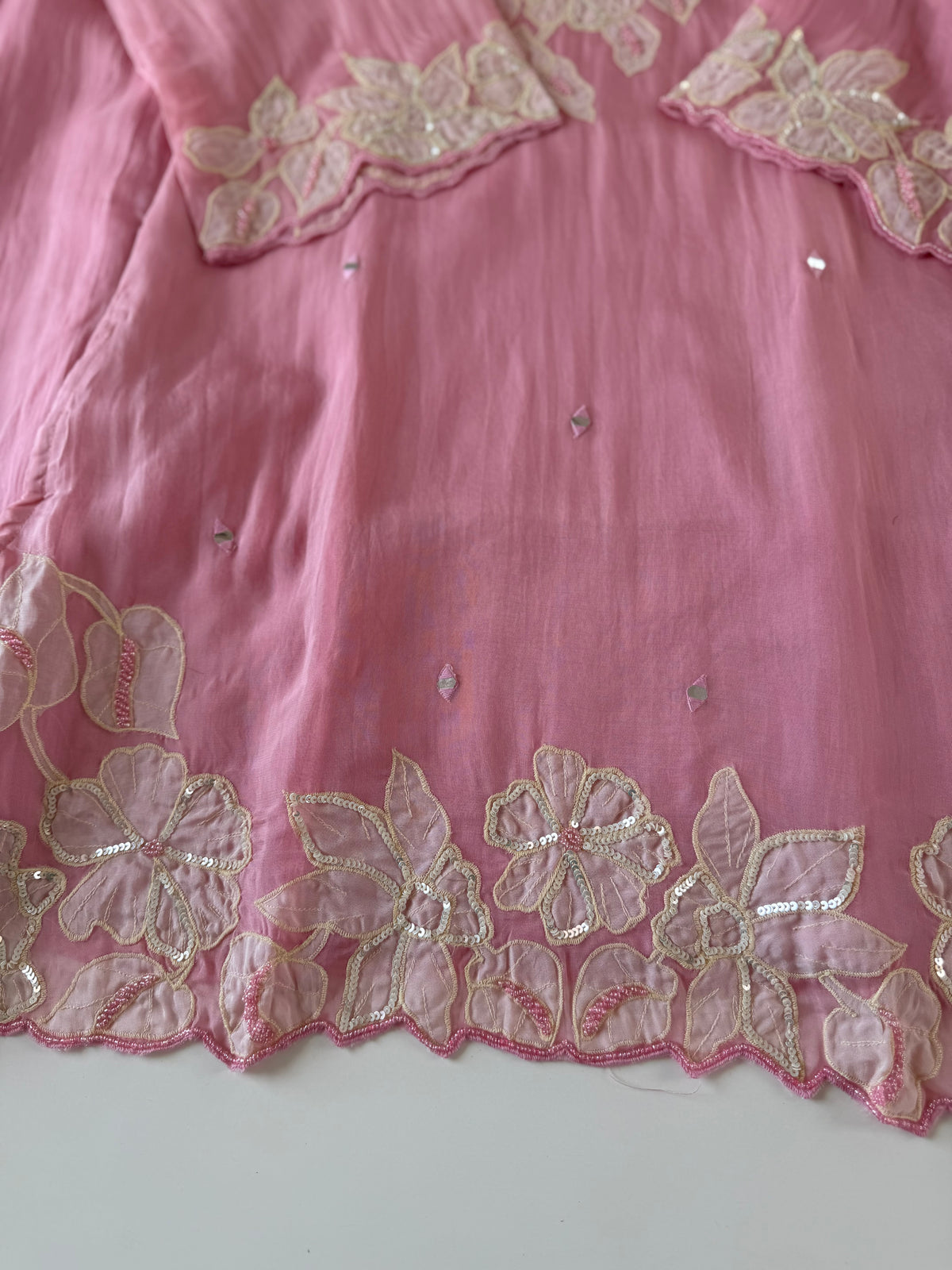 K046 - Viscose organza appliqué handwork short Kurti with divider pants and dupatta