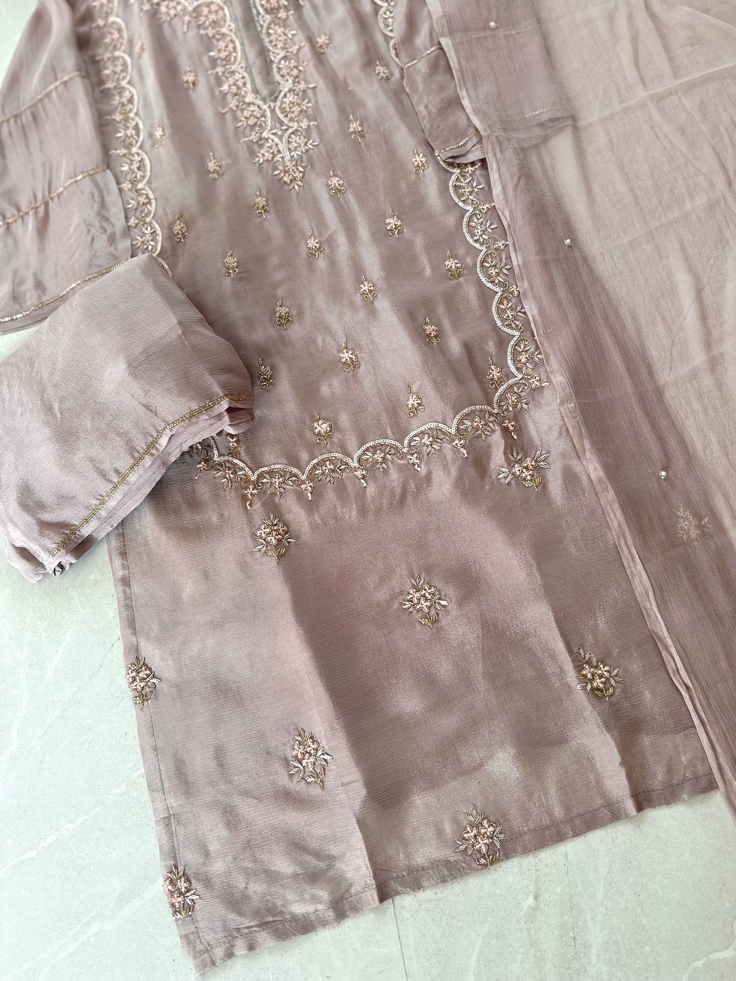 K161 - Heavy handwork Russian silk Straight kurti with flared pants and chiffon dupatta