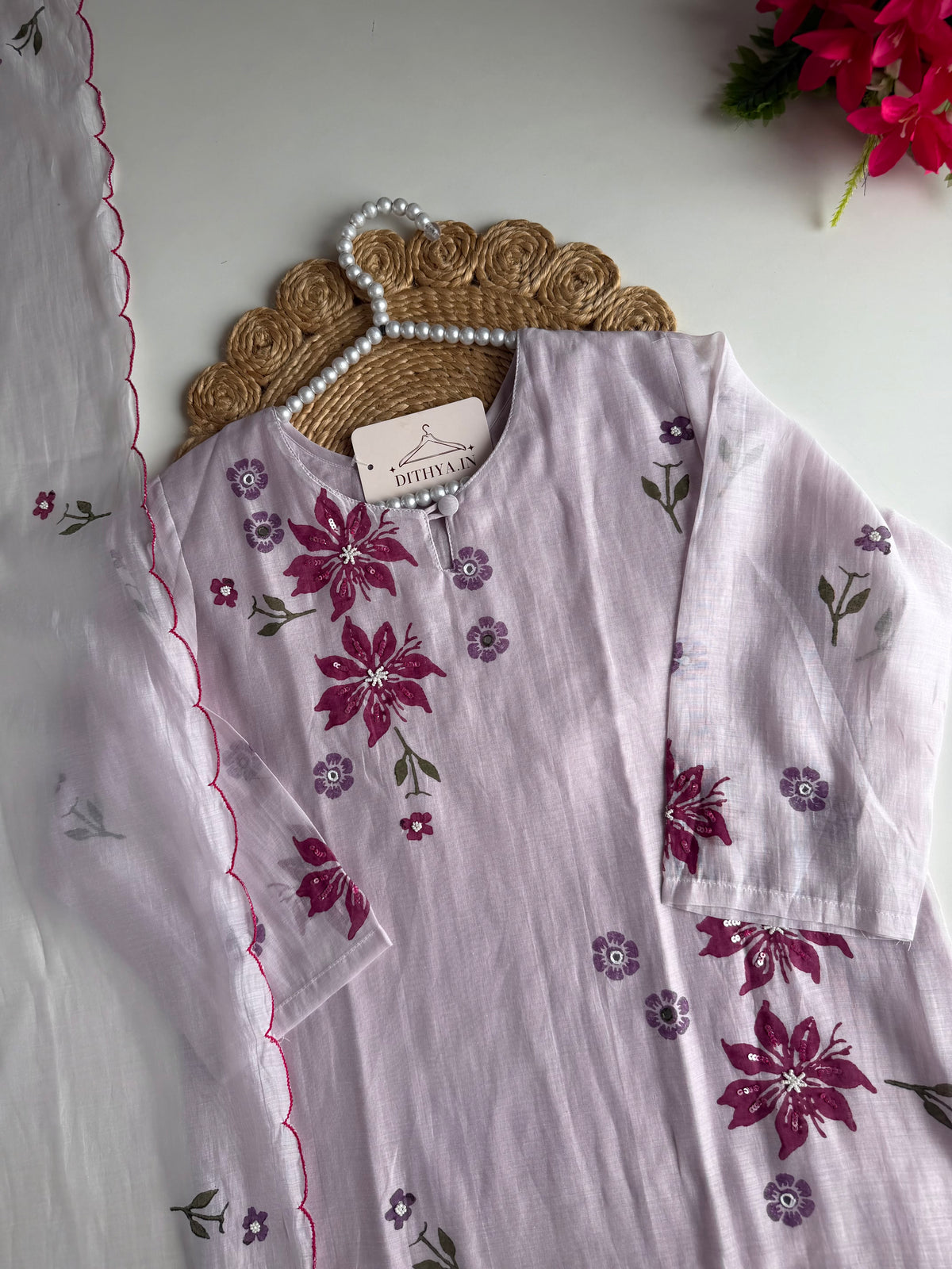 K012 - Mul Chanderi handwork straight Kurti with pants and dupatta