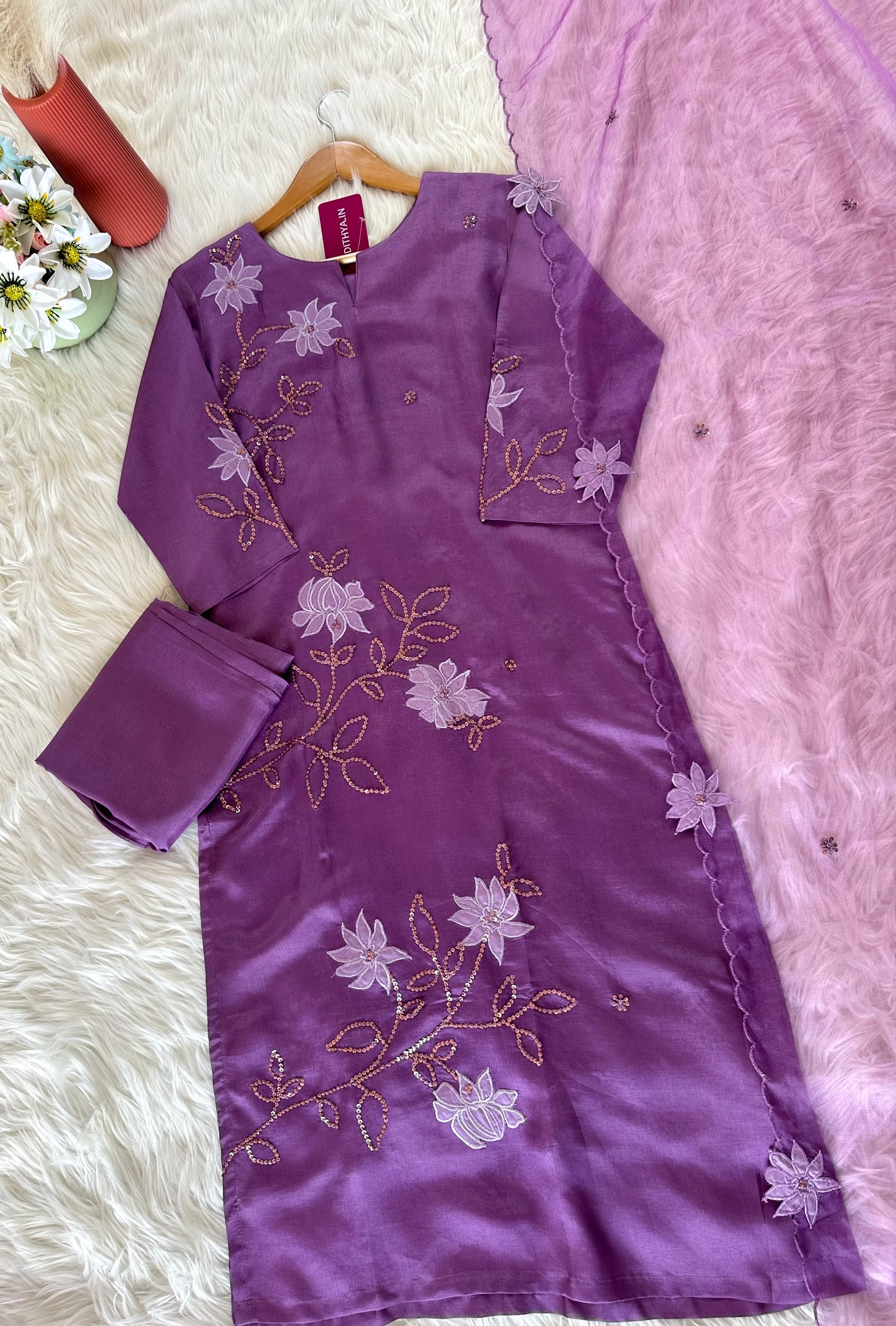 K359 - Russian silk appliqué work straight Kurti with pants and dupatta