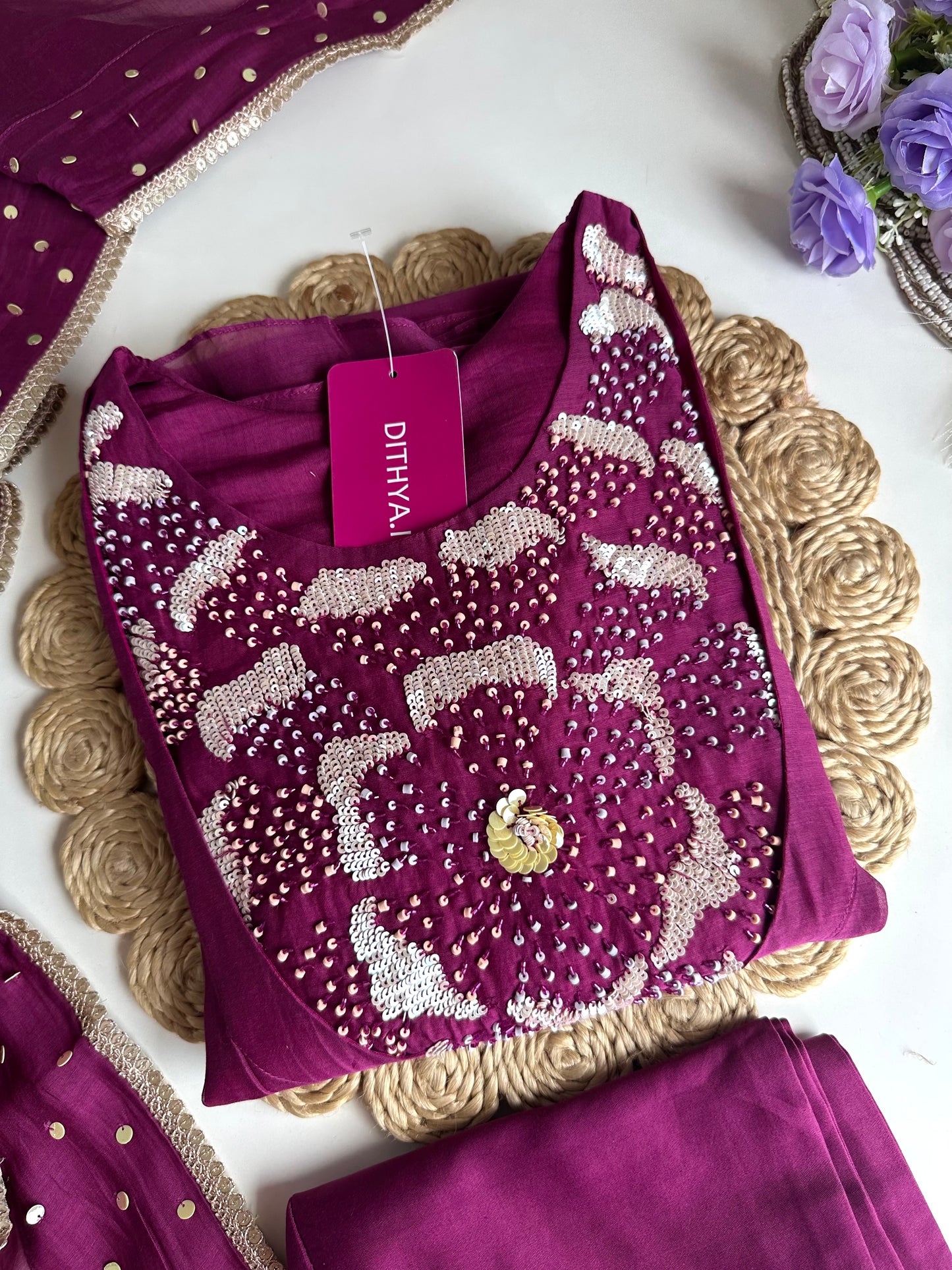 K032 - Pure mul Chanderi handwork Aline Kurti with pants and dupatta in 2 colours