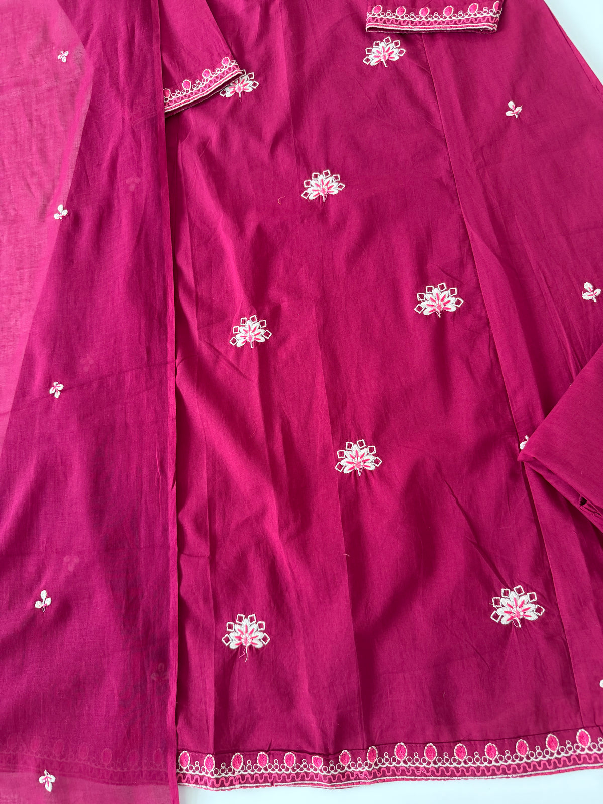 K434 - Mul cotton embroidered Aline Kurti with pants and dupatta
