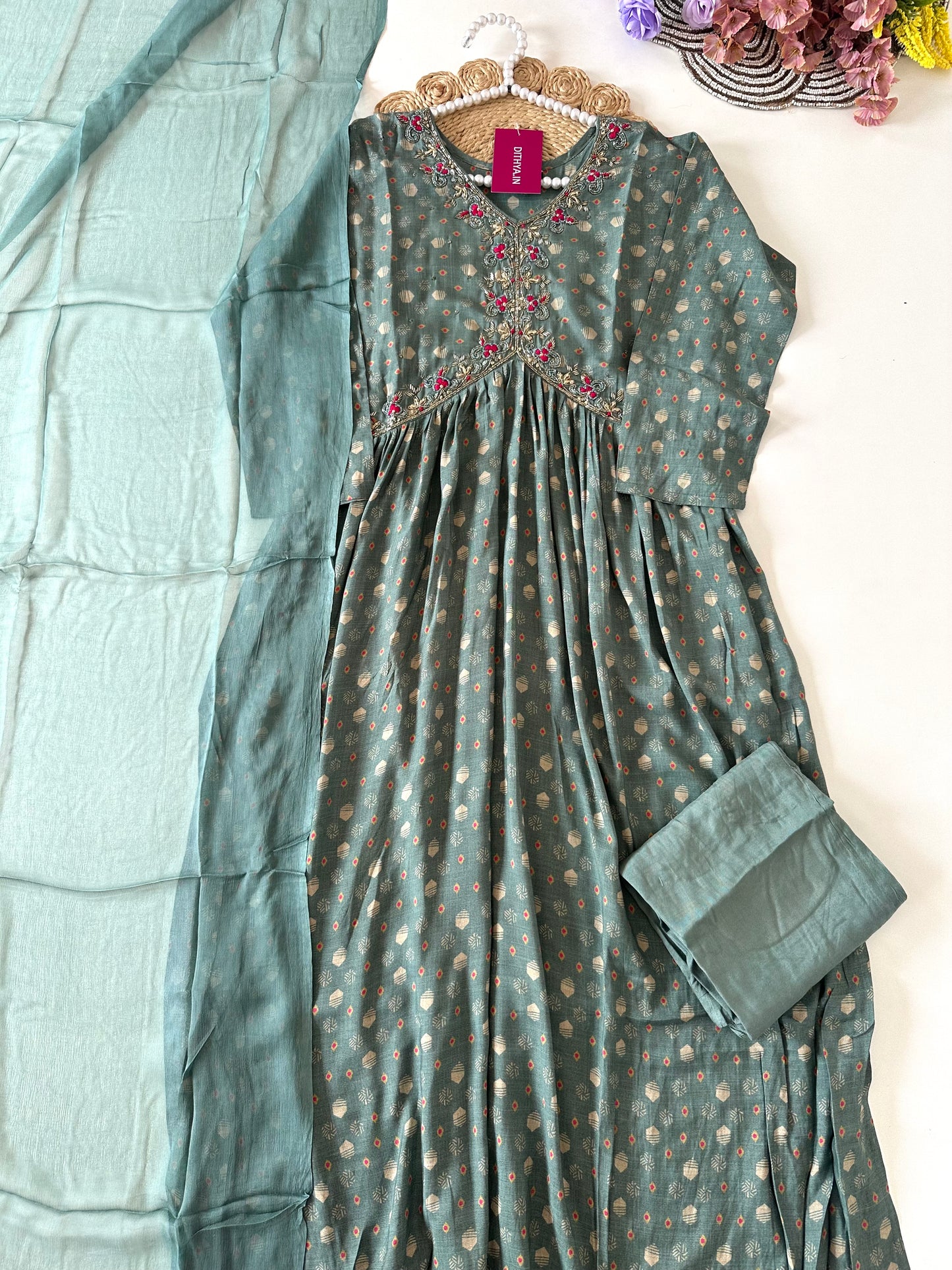D122 - Muslin Alia cut Anarkali with pants and dupatta