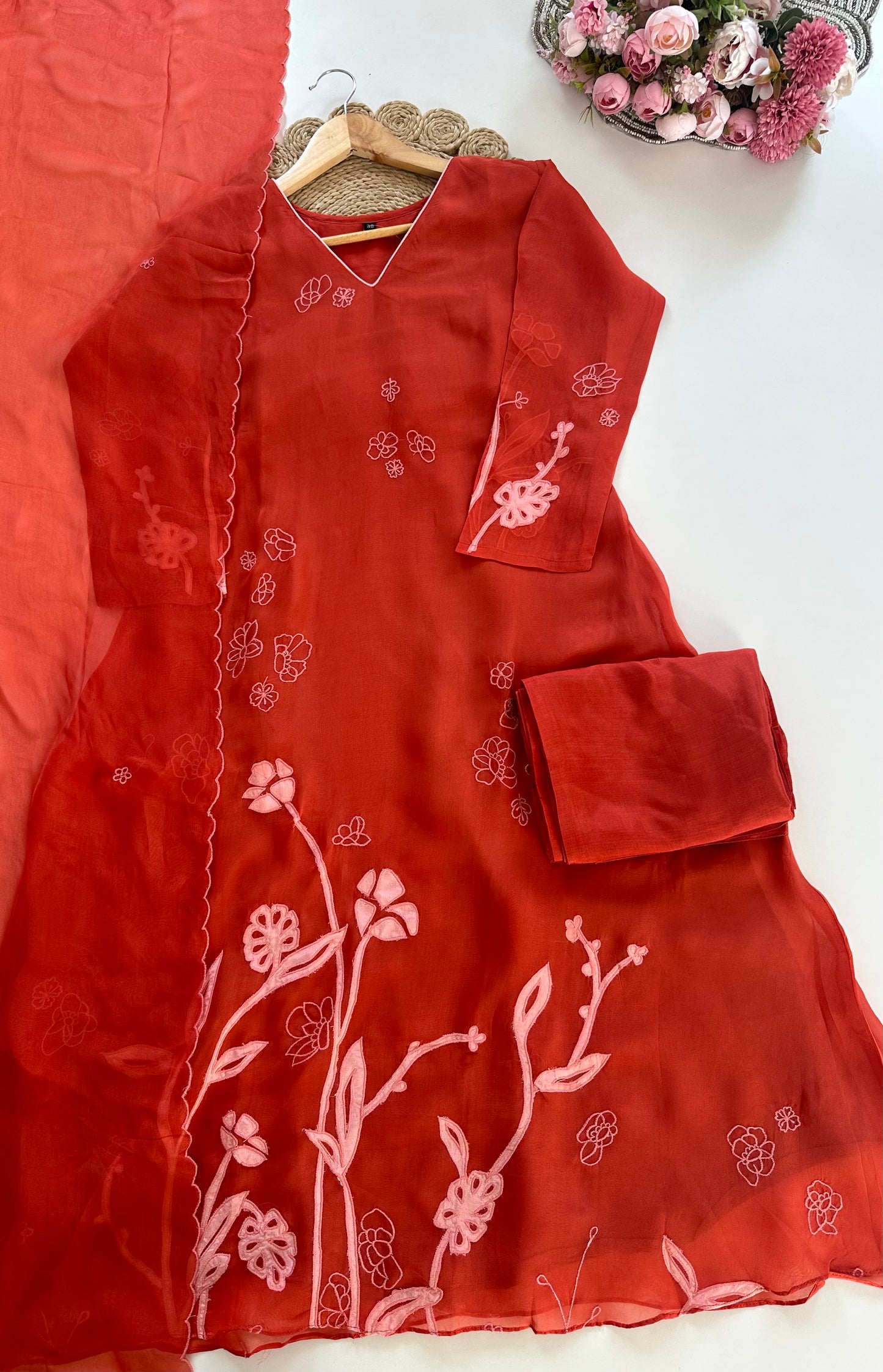 K225 - Pure viscose organza appliqué work Aline Kurti with pants and dupatta in 2 colours