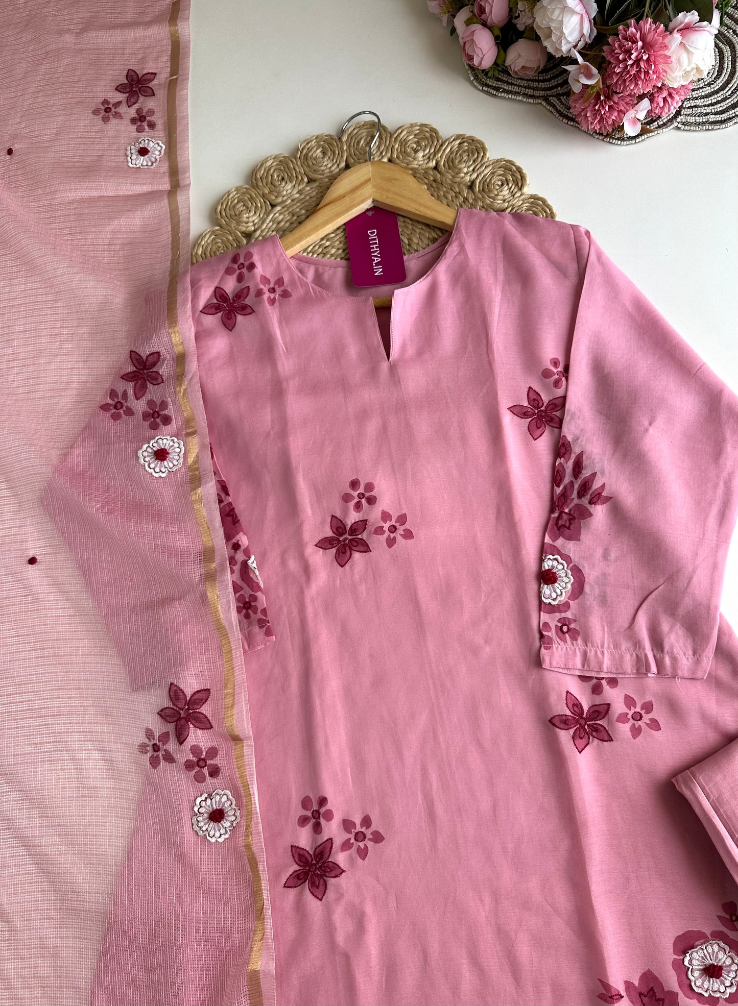 K163 - Mul Chanderi appliqué work Aline Kurti with pants and dupatta