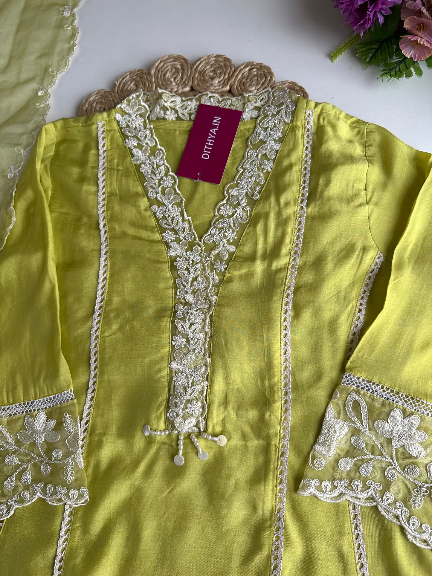 K355 - Russian silk embroidered Aline Kurti with pants and dupatta