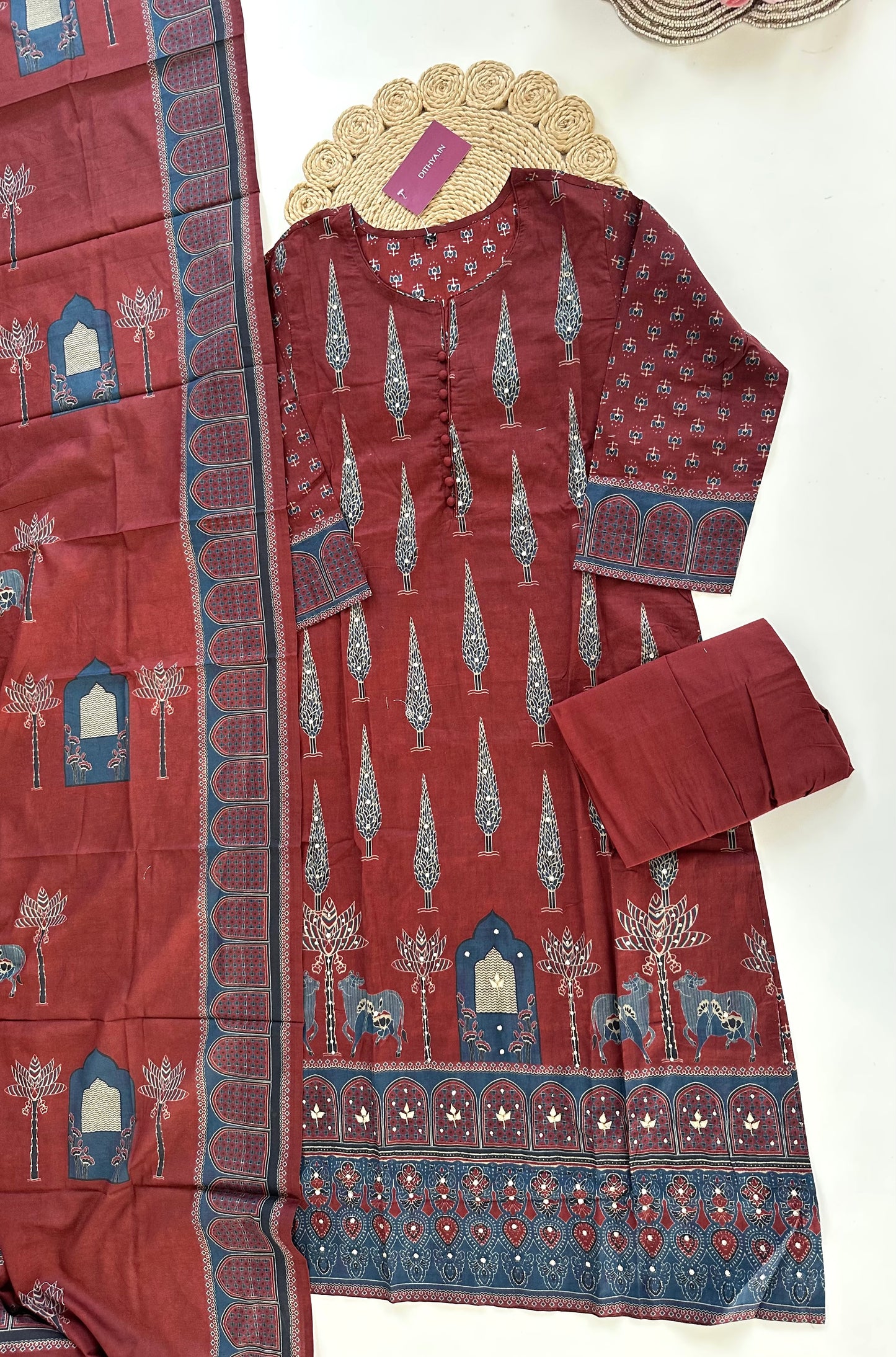 K007 - Mul cotton straight Kurti with pants and dupatta in 2 colours