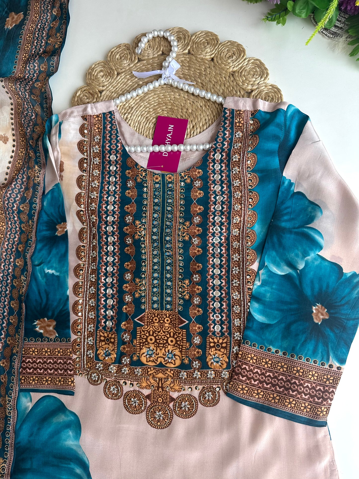 K037 - Pure crape floral handwork straight Kurti with pants and dupatta