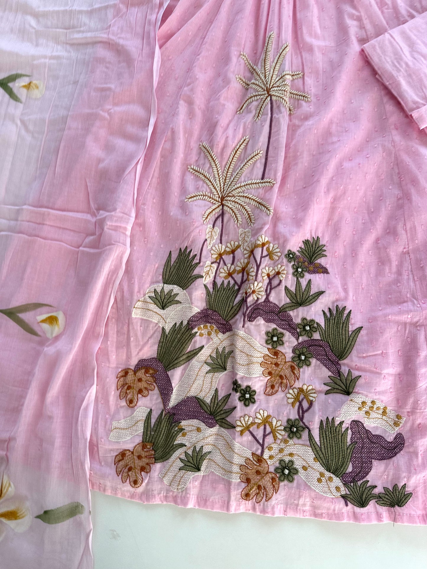 K179 - Mul cotton embroidered Aline Kurti with pants and dupatta in 2 colours