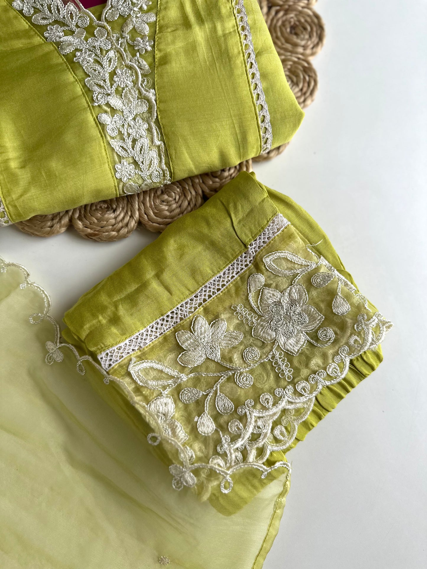 K355 - Russian silk embroidered Aline Kurti with pants and dupatta