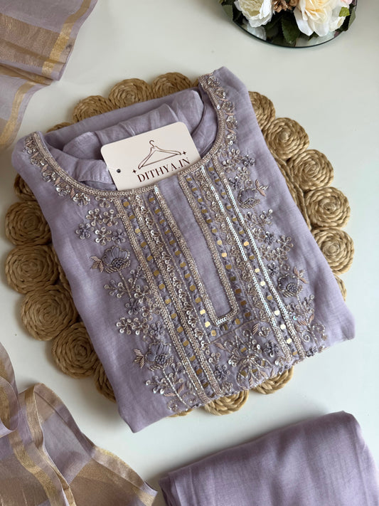 K493 - Mul chanderi handwork aline Kurti with pants and dupatta