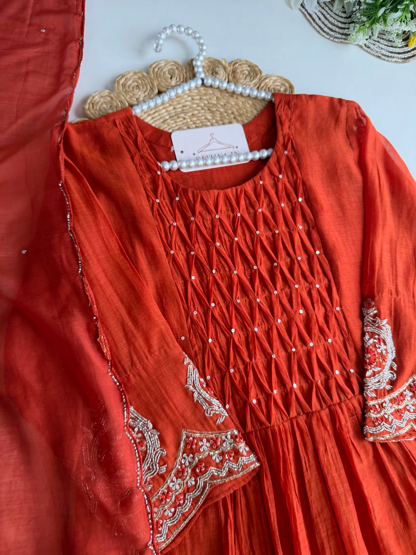 K217 - Mul chanderi handwork Anarkali with pants and dupatta