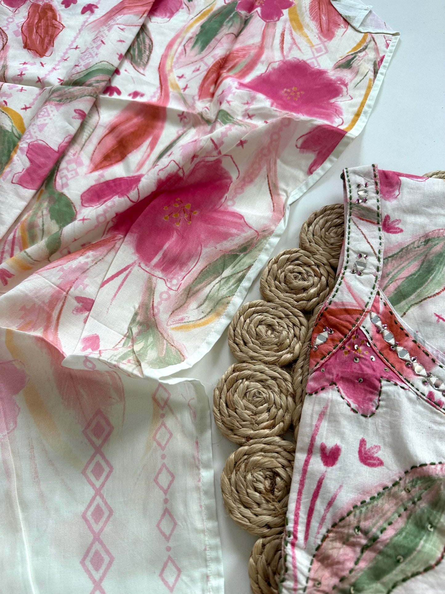 K250 - Cotton Strap handwork straight Kurti with pants and dupatta in 3 colours