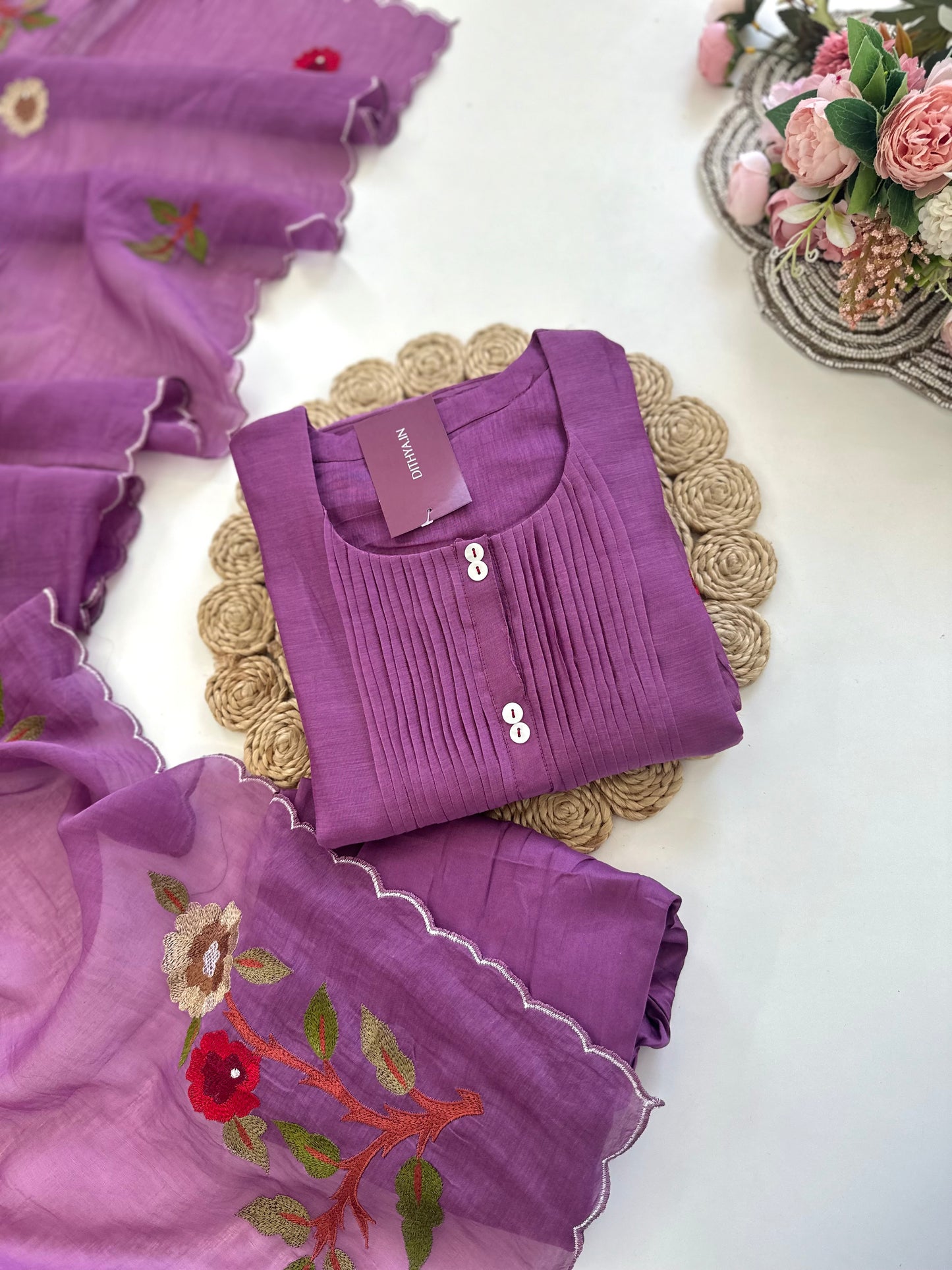 K308 - Mul Chanderi hand embroidered Aline Kurti with pants and dupatta in 2 colours .