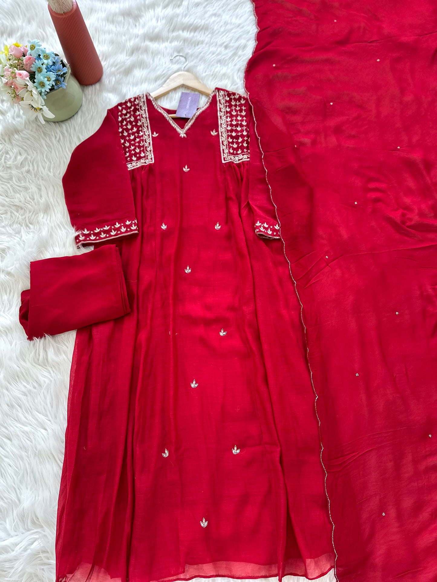 K261 - Mul Chanderi handwork Anarkali with pants and dupatta in 2 colours