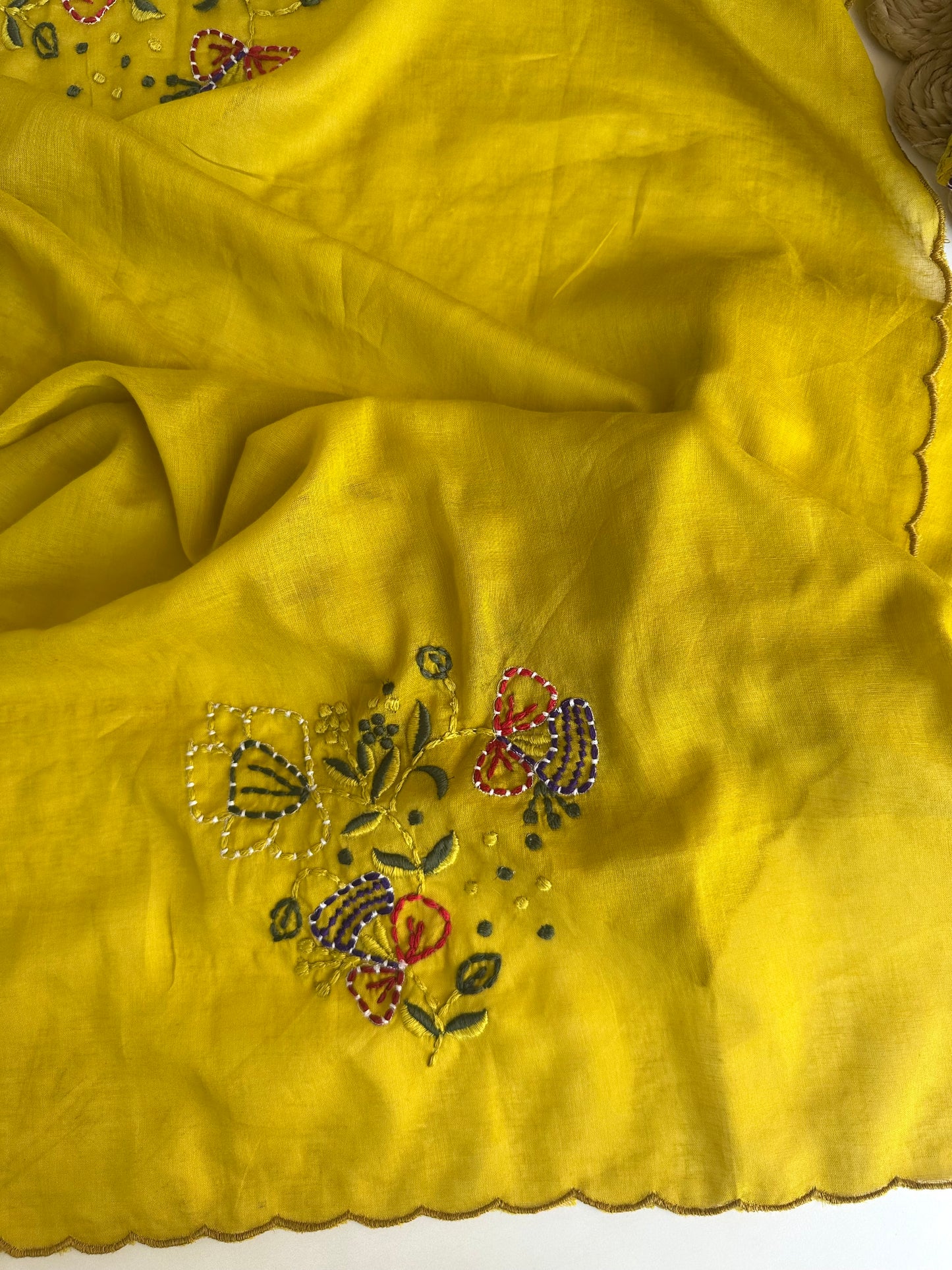K050 - Mul Chanderi appliqué embroidered Aline Kurti with pants and dupatta in 2 colours