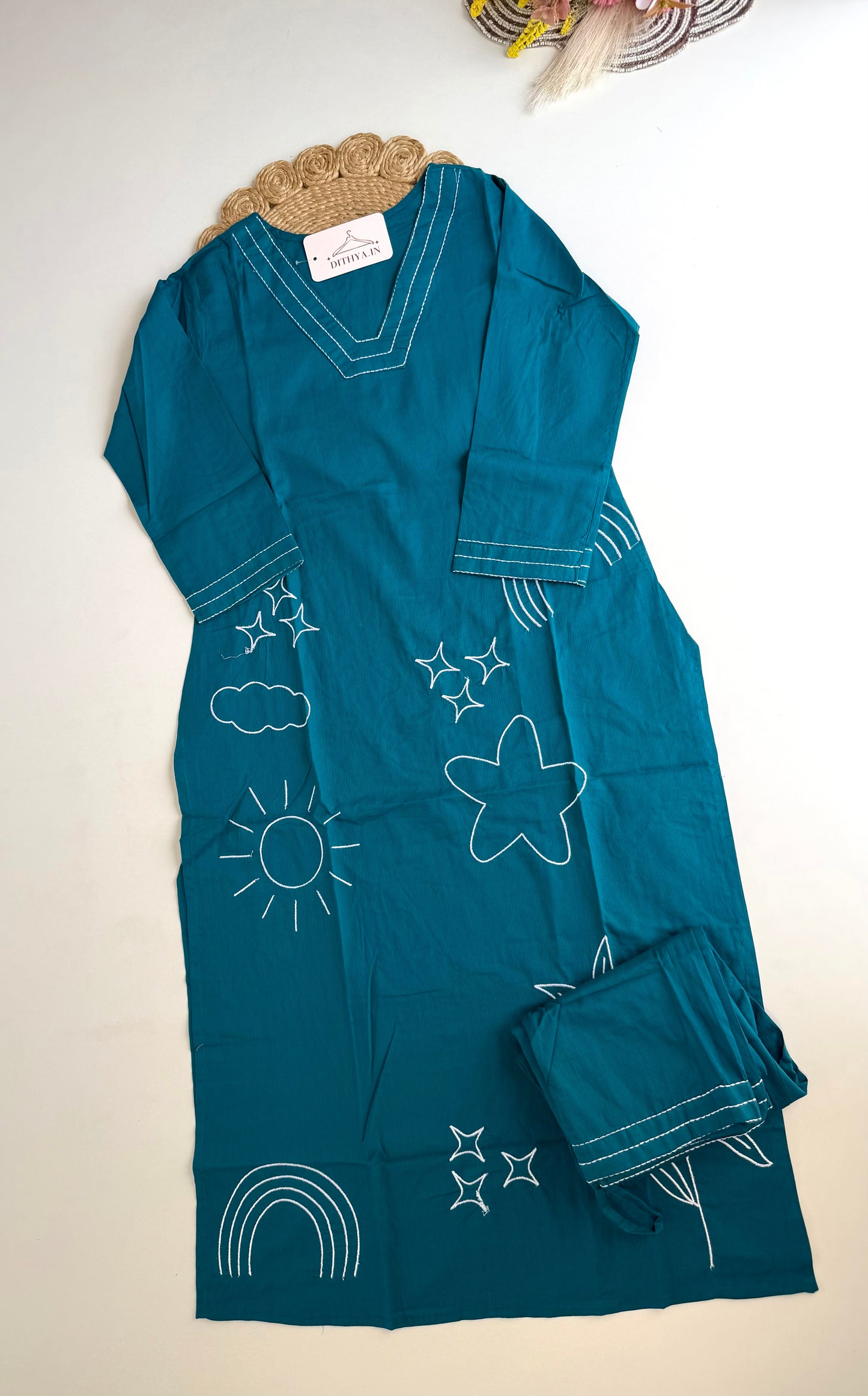 K460 - Cotton embroidered straight Kurti with pants in 2 colours