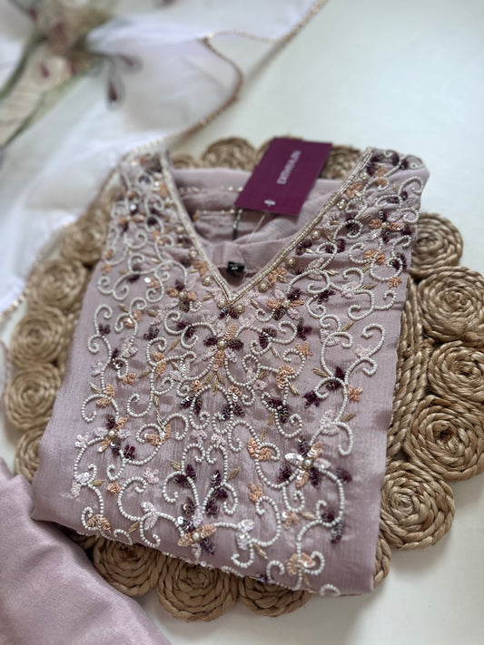 K429 - Pure crape handwork straight Kurti with pants and dupatta