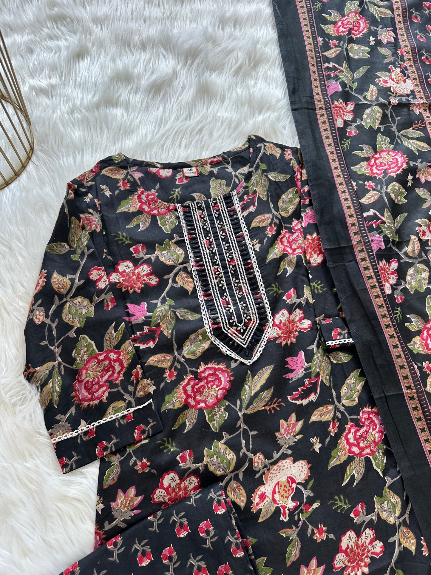 K392 - Cotton printed straight kurti with pants and dupatta